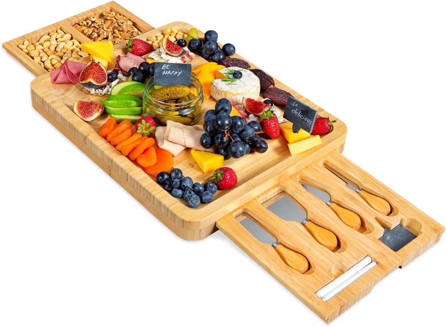 Unique Bamboo Cheese Board and Knife Set with 2 Slide-Out Cutlery Drawers 2