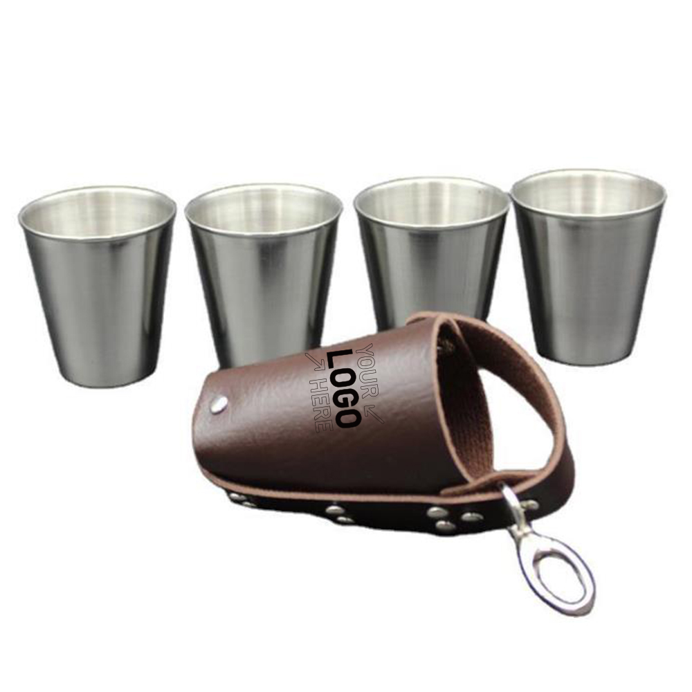 4 Stainless Steel Cups With Leather Holder Keychain