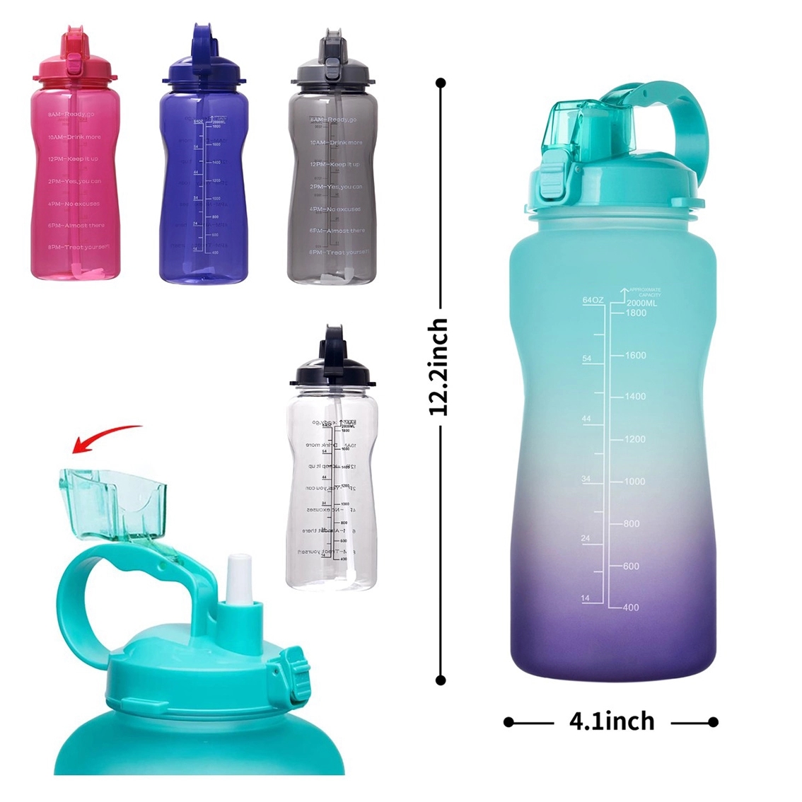 64oz Motivational Water Bottle with Time Marker & Straw 2