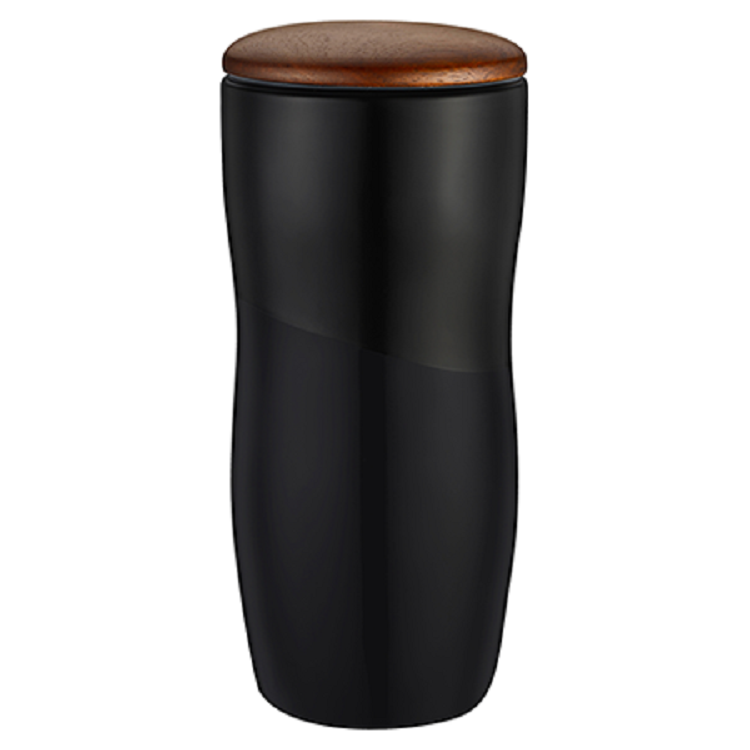 Imari Double Walled 12oz Ceramic Tumbler with Two-Tone Design and Wood Lid 11