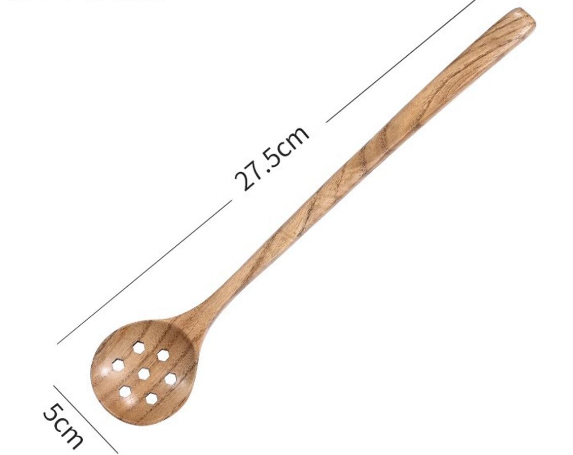 10.8" Long Handle Wooden Round Slotted Spoon 2