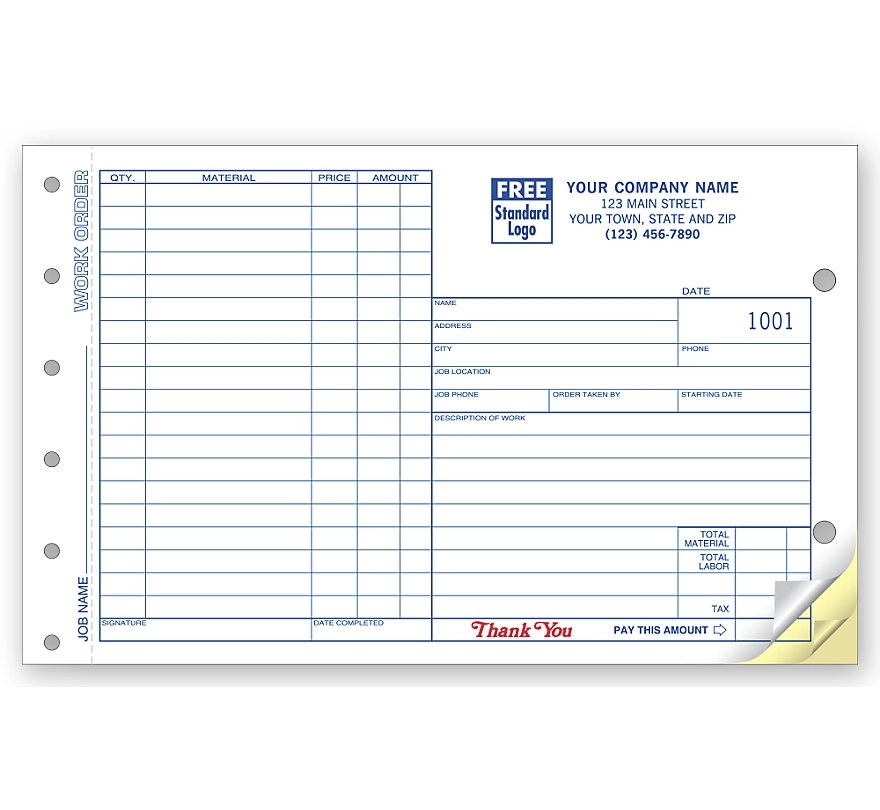 Job Work Orders, Carbonless, Side-Stub 1