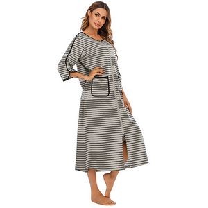 Zipper Front Half Sleeve Stripe Long Loungewear Women 2