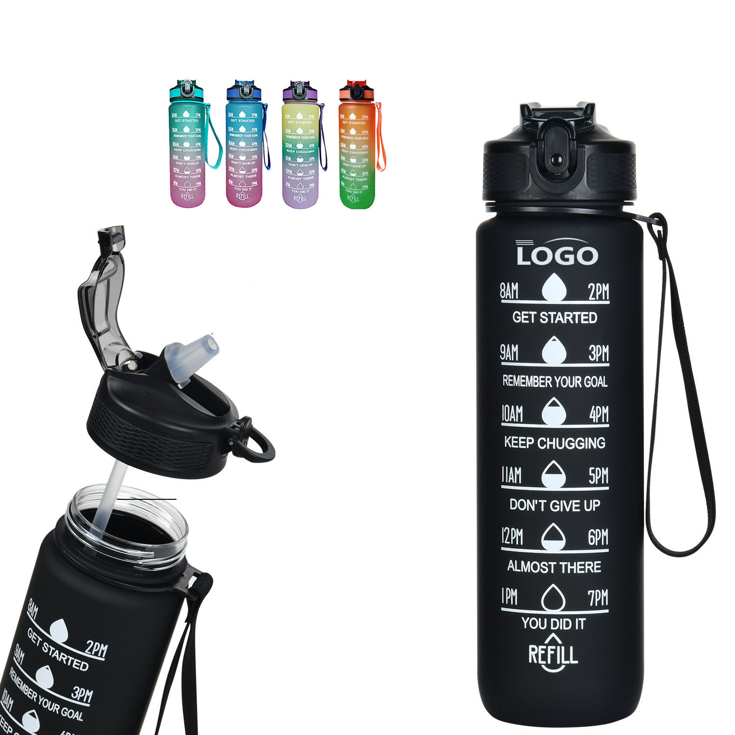 Motivational Water Bottle with Time Marker and Straw 2
