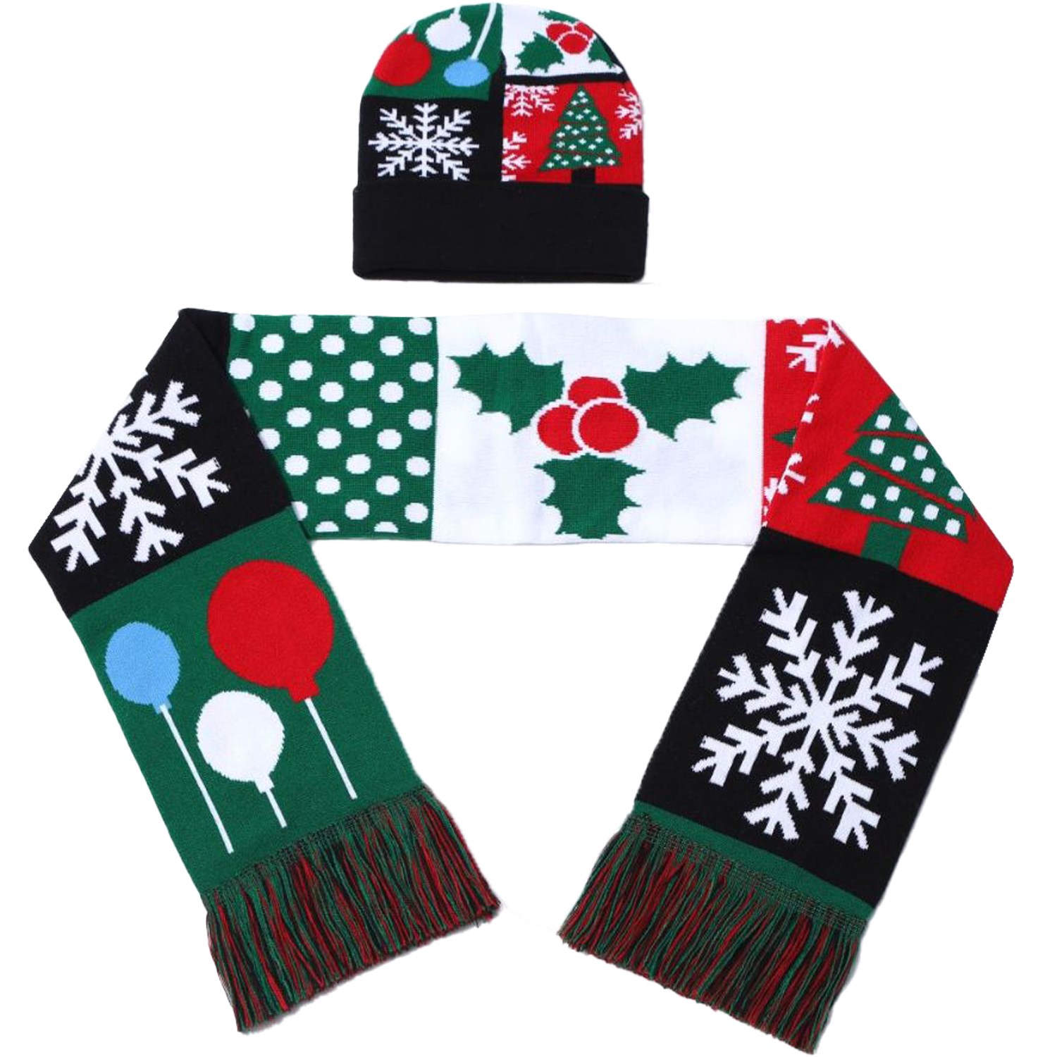 Set of Knitted Cuffed Beanie & Woven Scarf w/ Tassel 2
