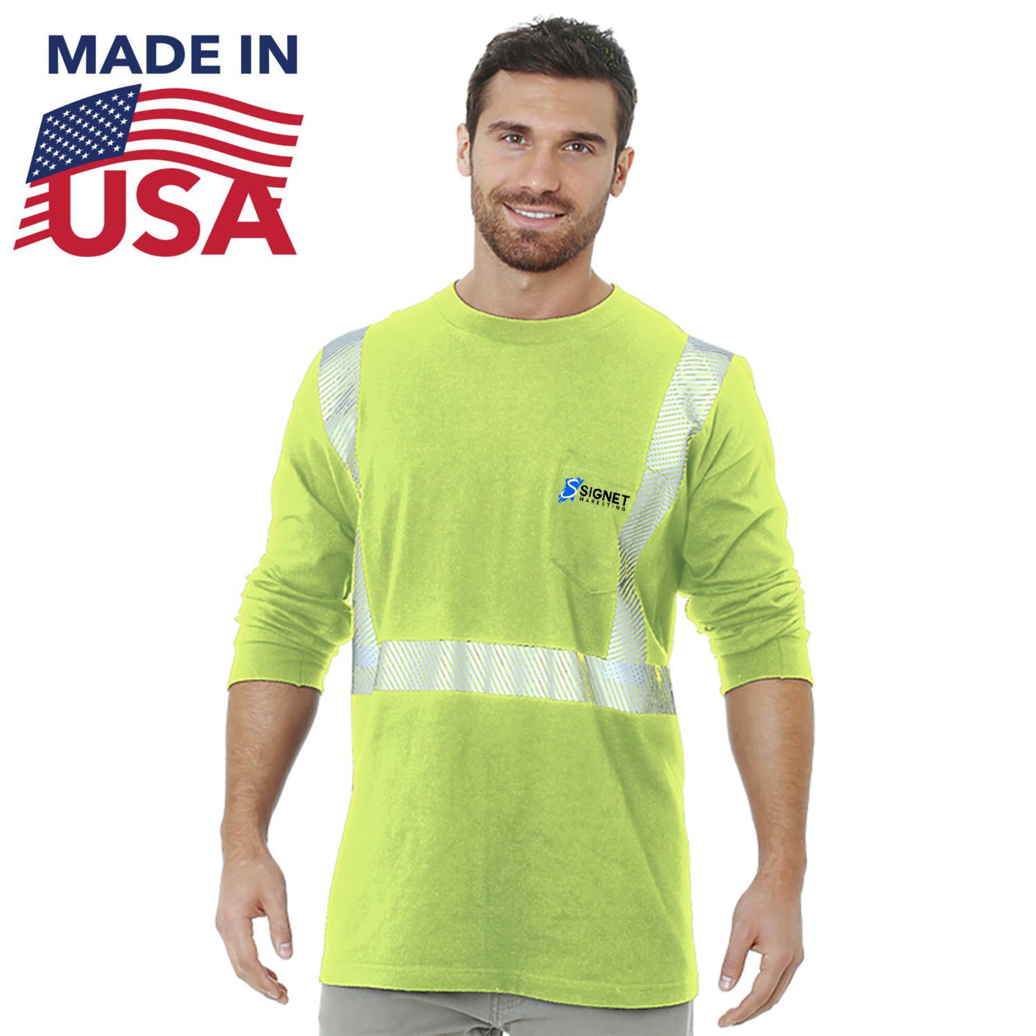 Class 2 USA-Made Poly-Cotton Segmented Safety Long Sleeve T-Shirt with Pocket 1