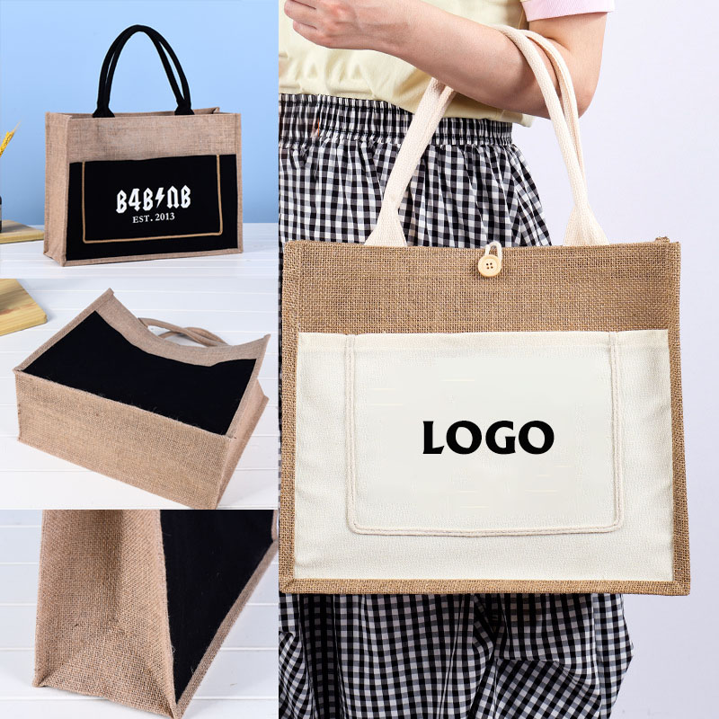 Large Jute Tote Bags With Front Pocket, custom tote bag with logo imprint 3