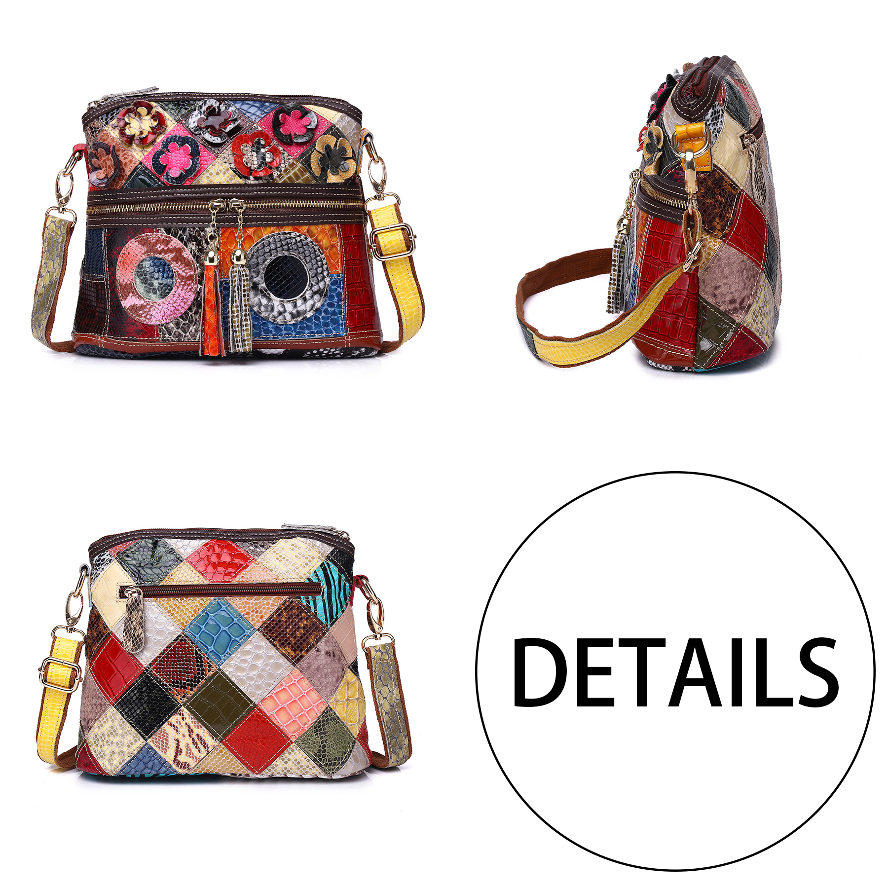 Genuine Leather Contrasting hand-fringed floral paneling bag 3