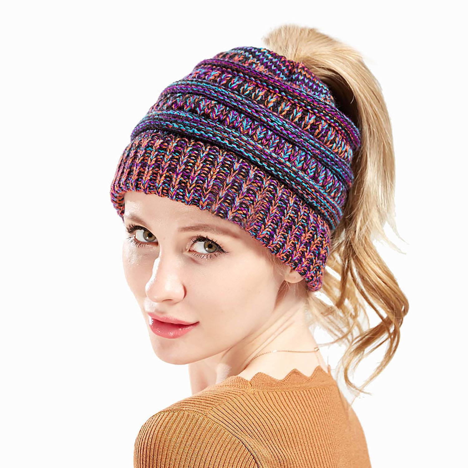 Stretchy Cable Knit Hat for Messy High Buns & Ponytails 14