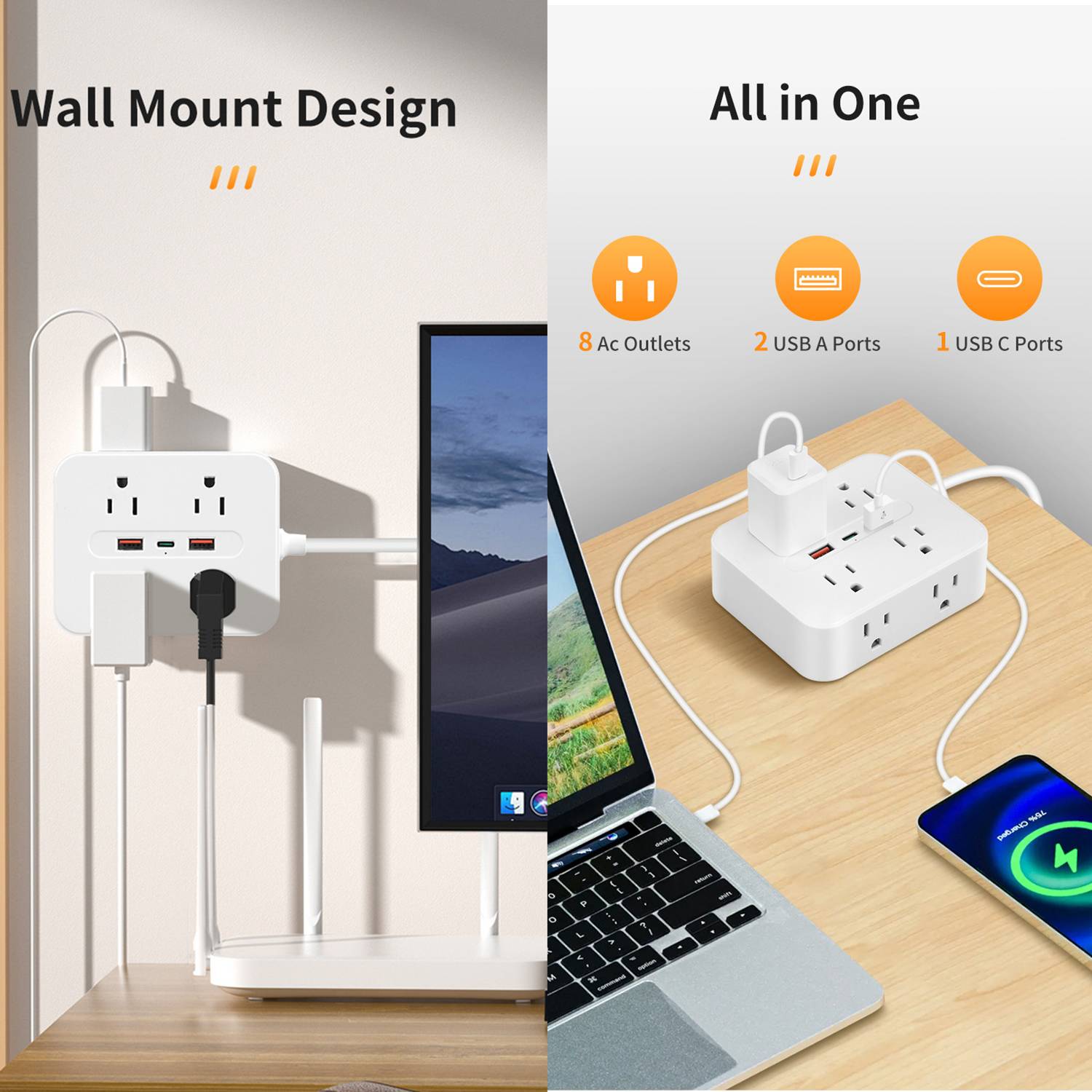 Surge Protection 8-Outlet Wall Extender w/ 3 USB Ports 2