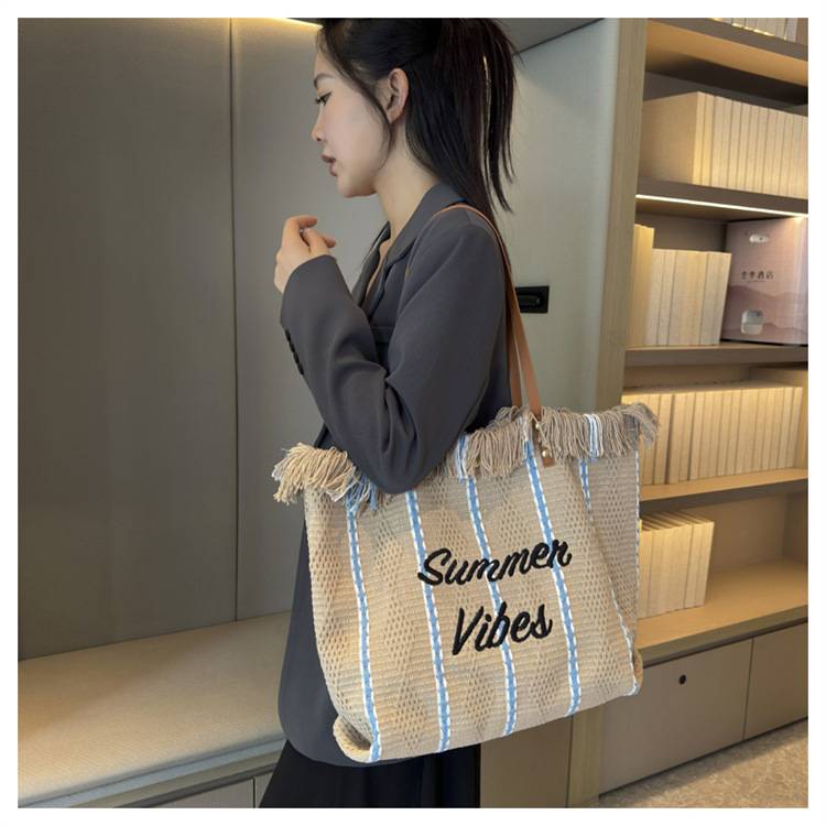 Women Large Beach Canvas Tote Bag Summer Vibes Tassel 13