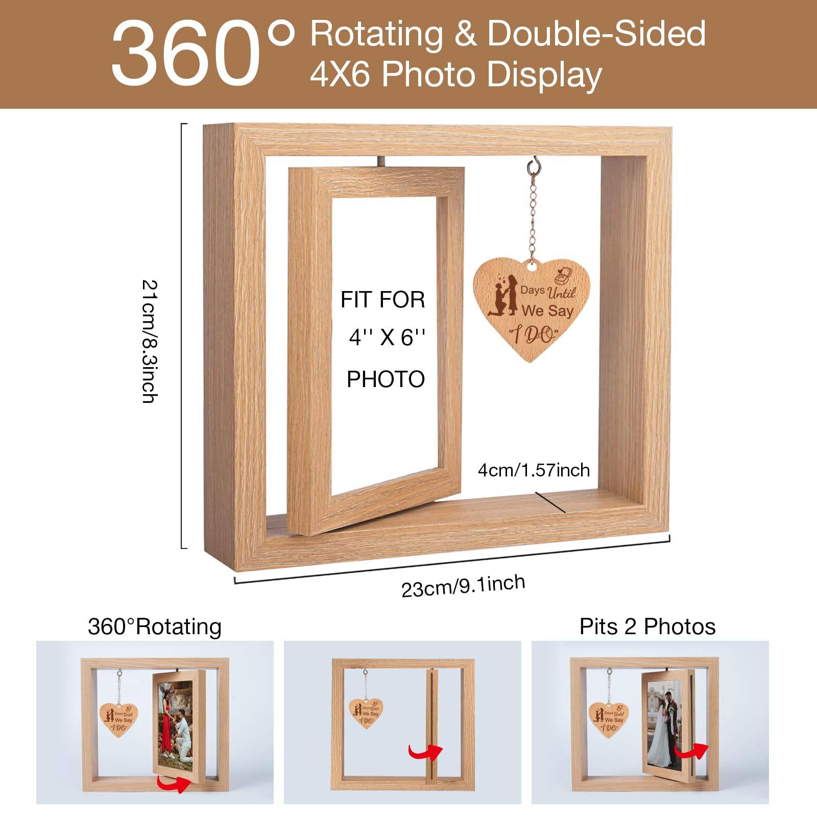 Custom Wooden Rotating Dual-Side Photo Frame w/Heart Pendant 2