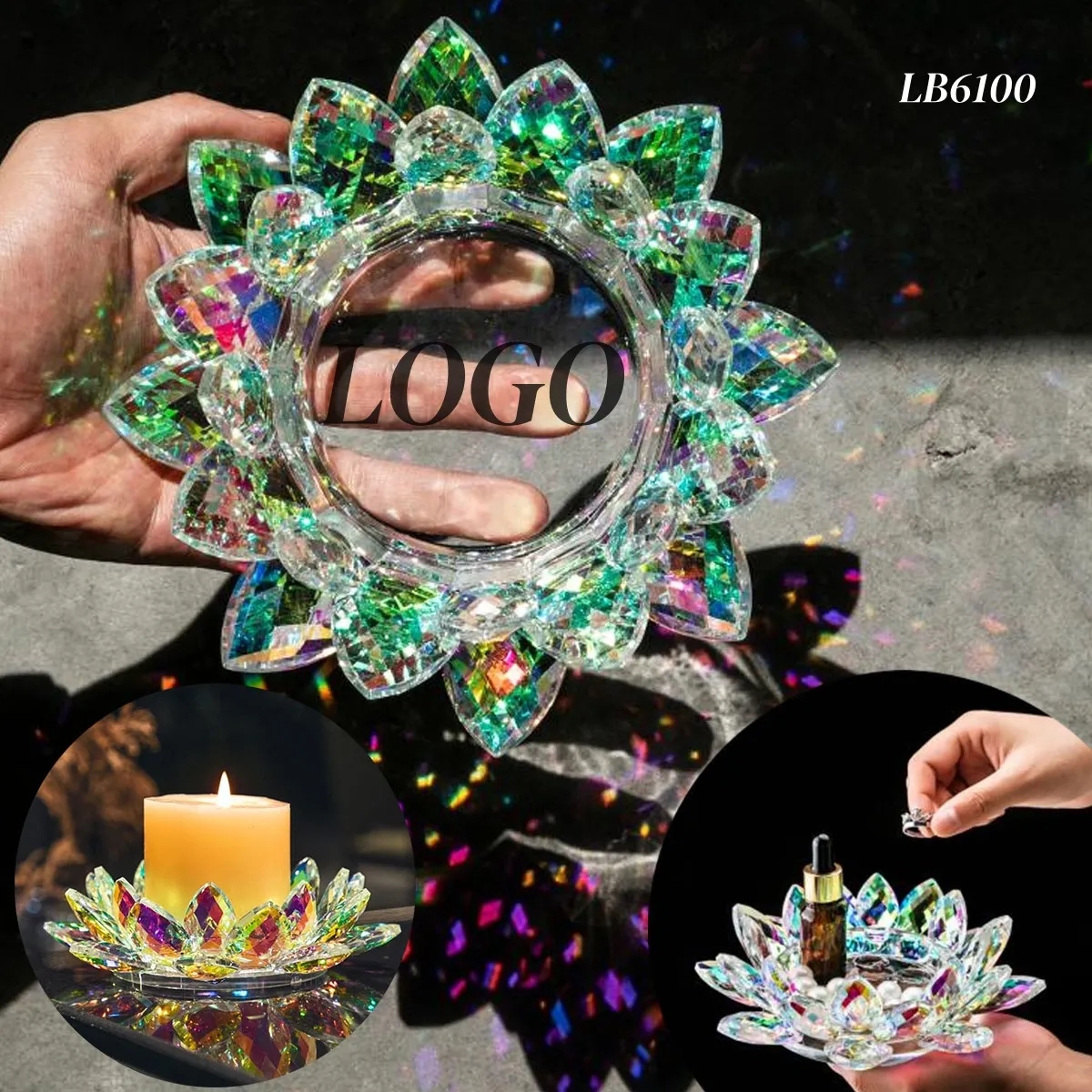 Engraved Lotus Crystal Candle Holders Jewelry Box 3