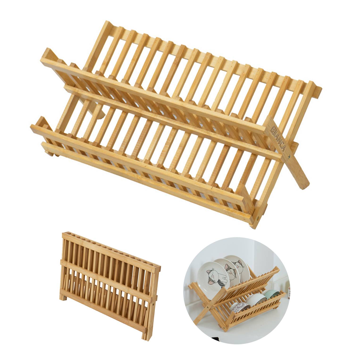 Bamboo Folding 2-Tier Dish Drying Rack with Utensil Holder