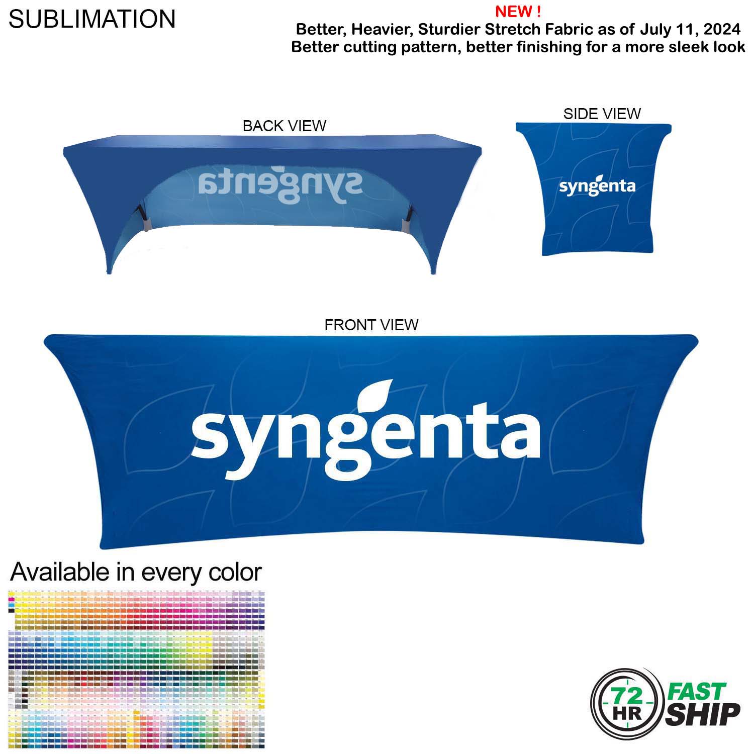 72 Hr Fast Ship - Sublimated Stretch Curved Fit Table Throw for 8ft table, 3 sided, Open Back 8