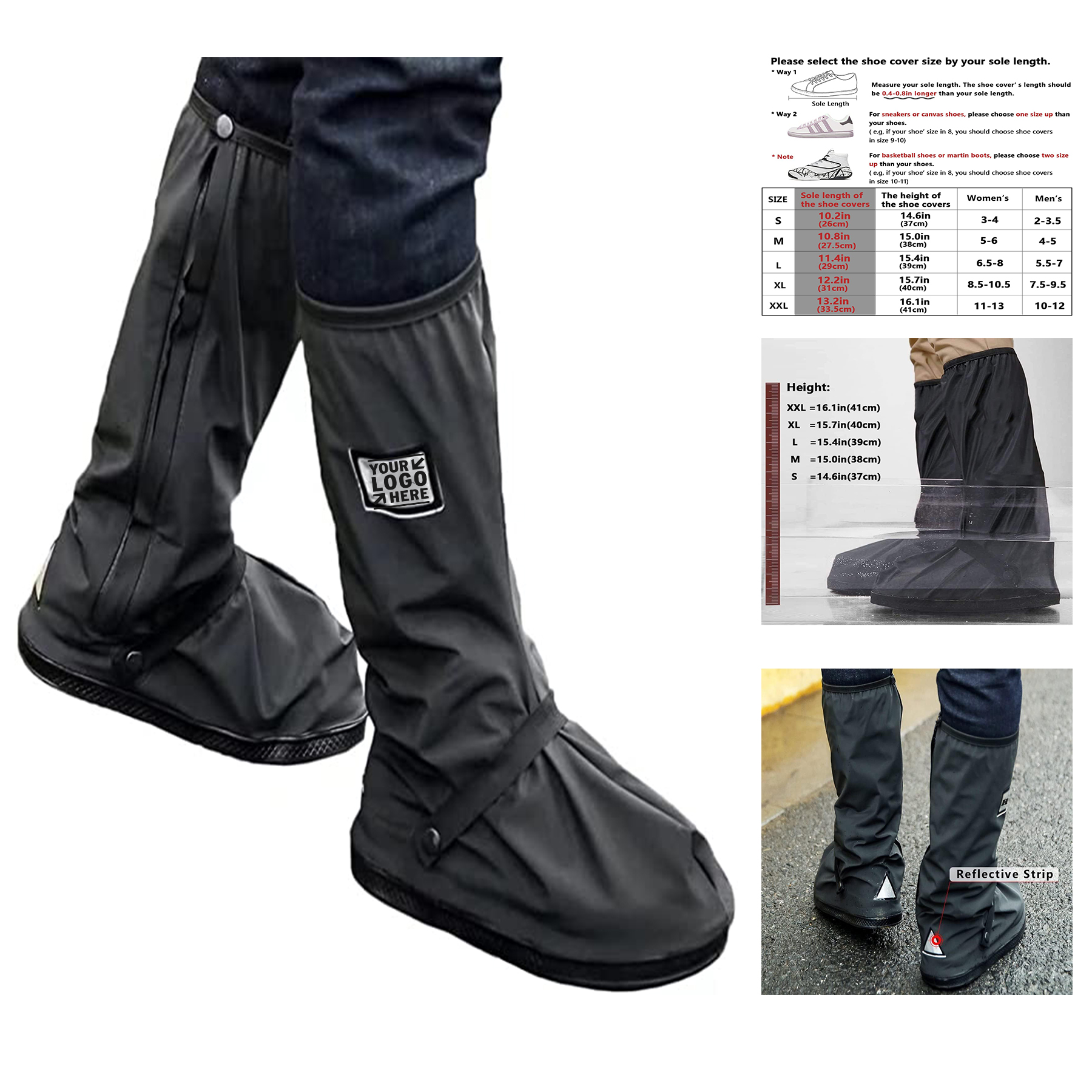 Black Waterproof Rain Boot Shoe Cover with Reflector