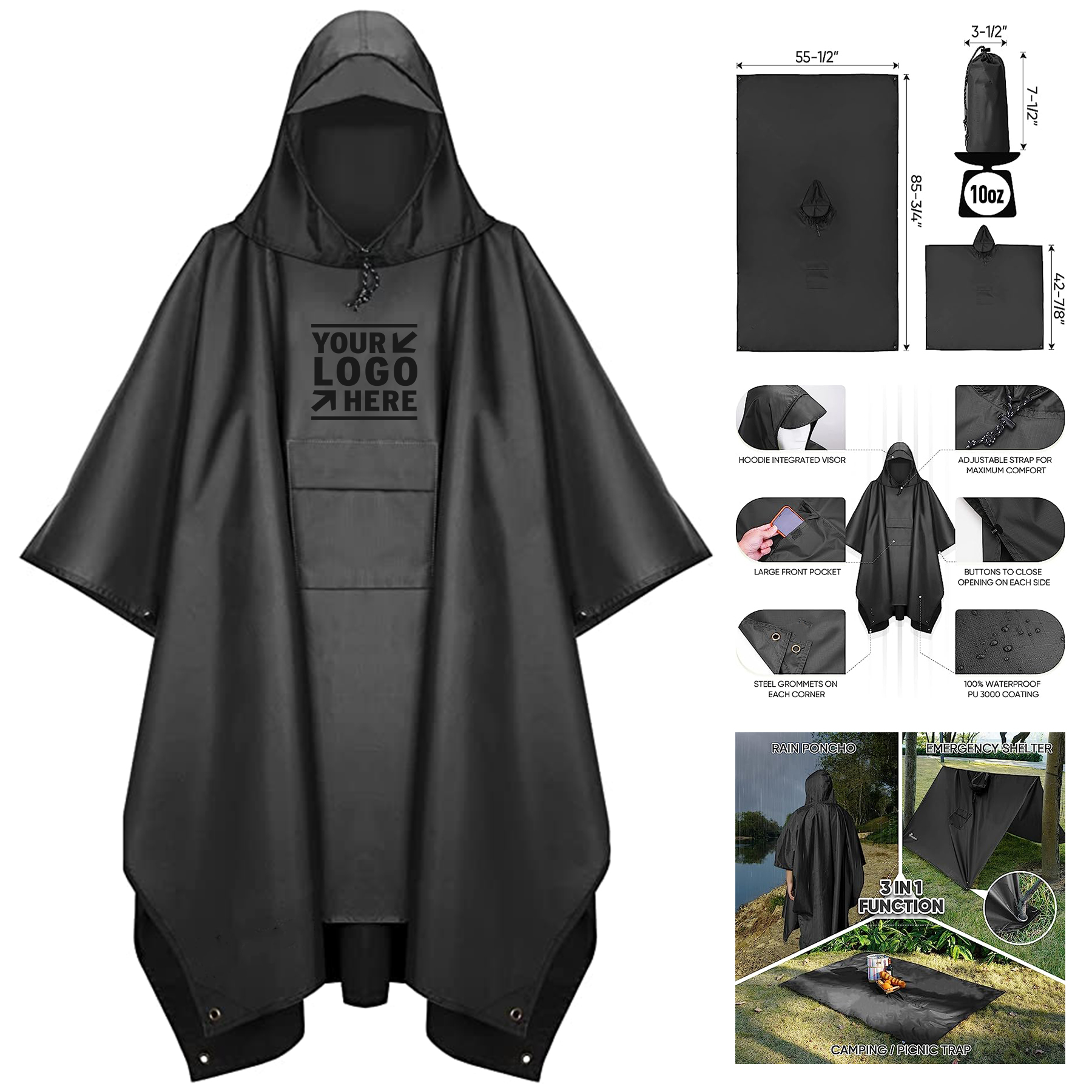 Hooded Rain Poncho for Adult with Pocket