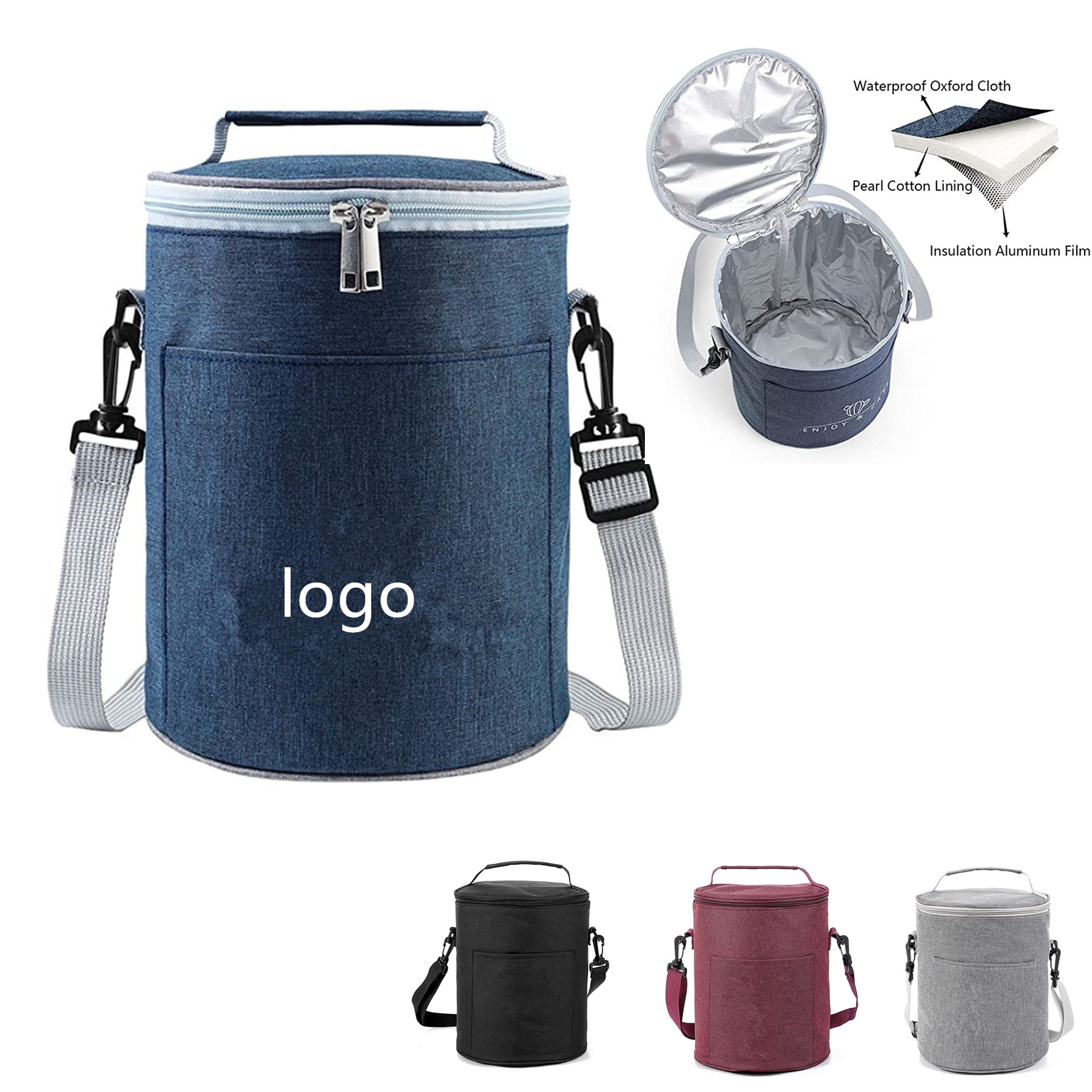 Portable Round Insulated Lunch Bag with Removable Strap 1
