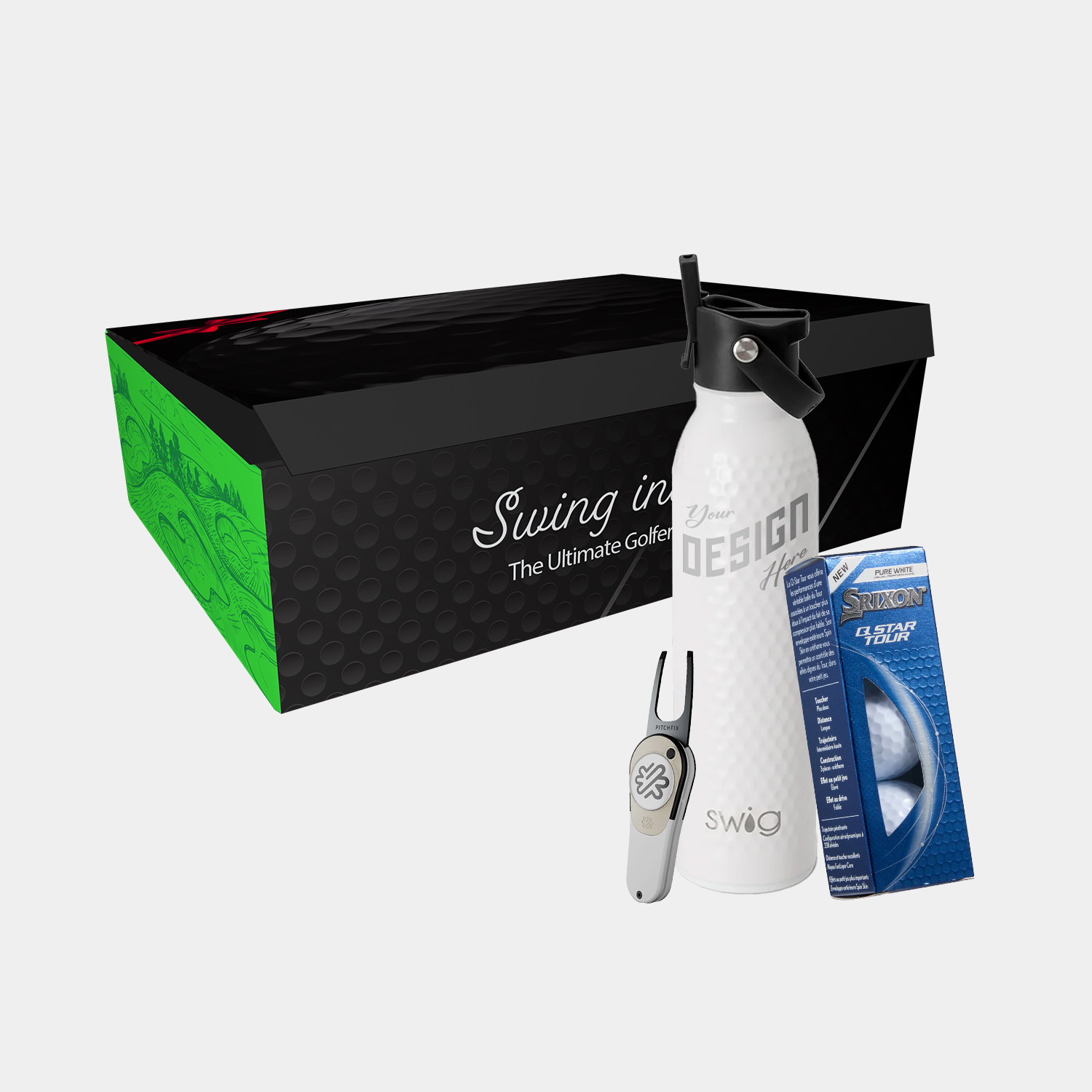 20 oz SWIG® Golf Flip & Sip SS Water Bottle, Srixon® Golf Balls & Pitchfix® Icon Divot Tool Gift Set 3