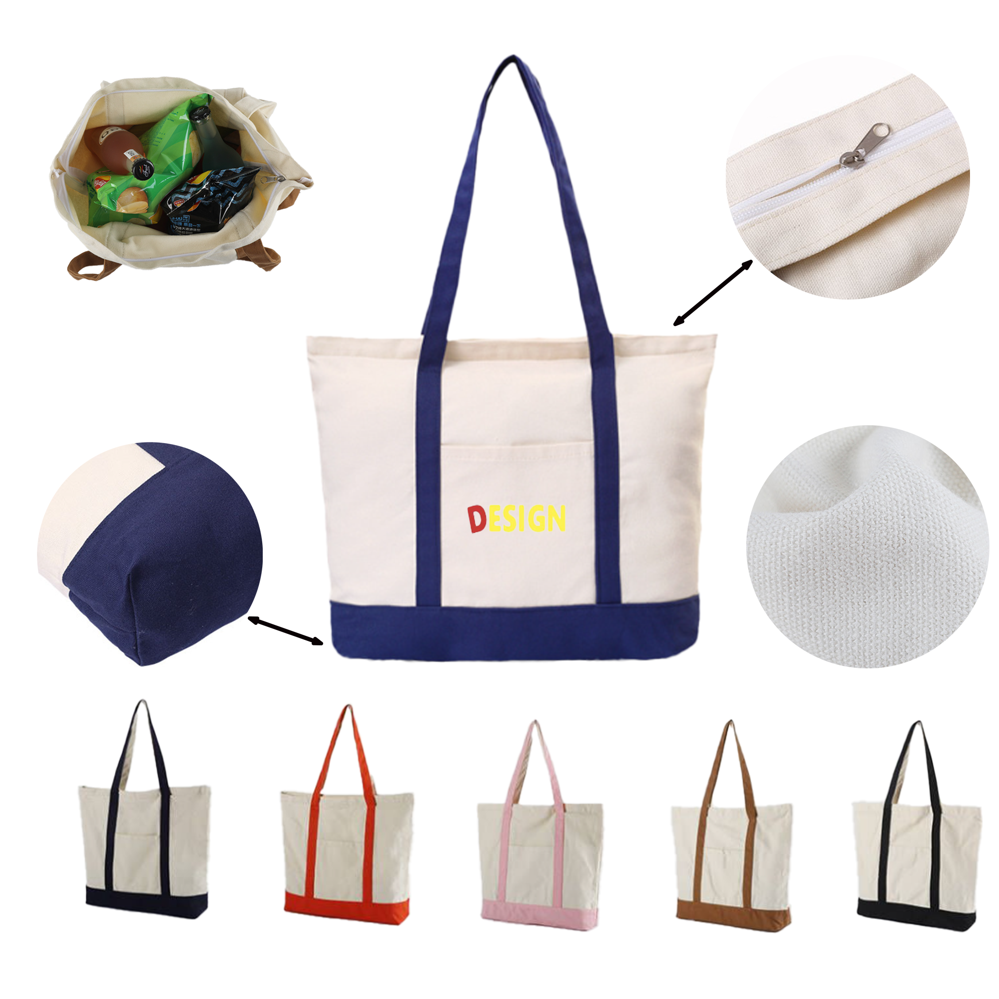 Durable Canvas Zipper Tote Bag with Front Pocket, custom tote bag with logo imprint 2