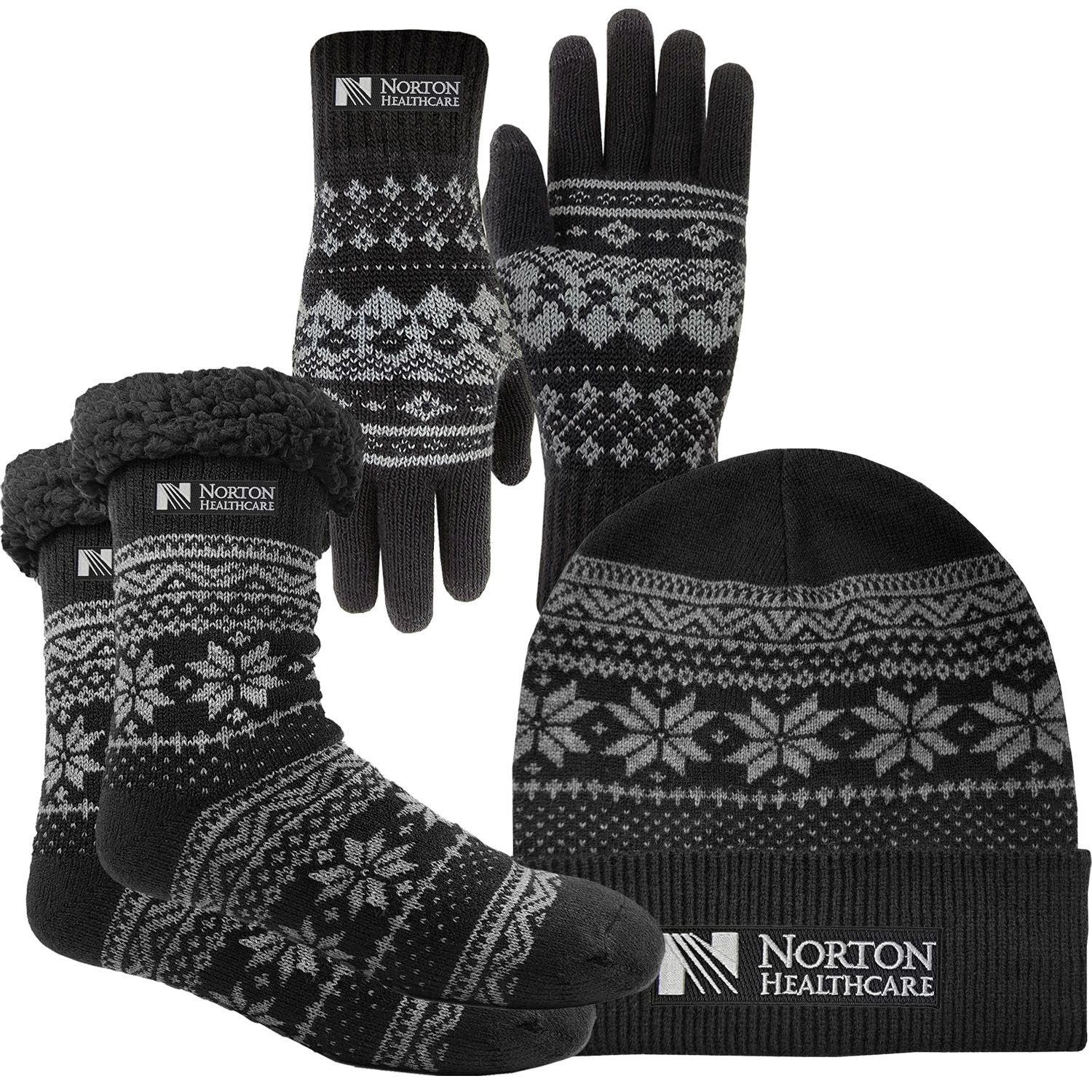 Winter Snowflake Knit Rolled Beanie Cap, Sherpa Lined Socks & Text Gloves Combo