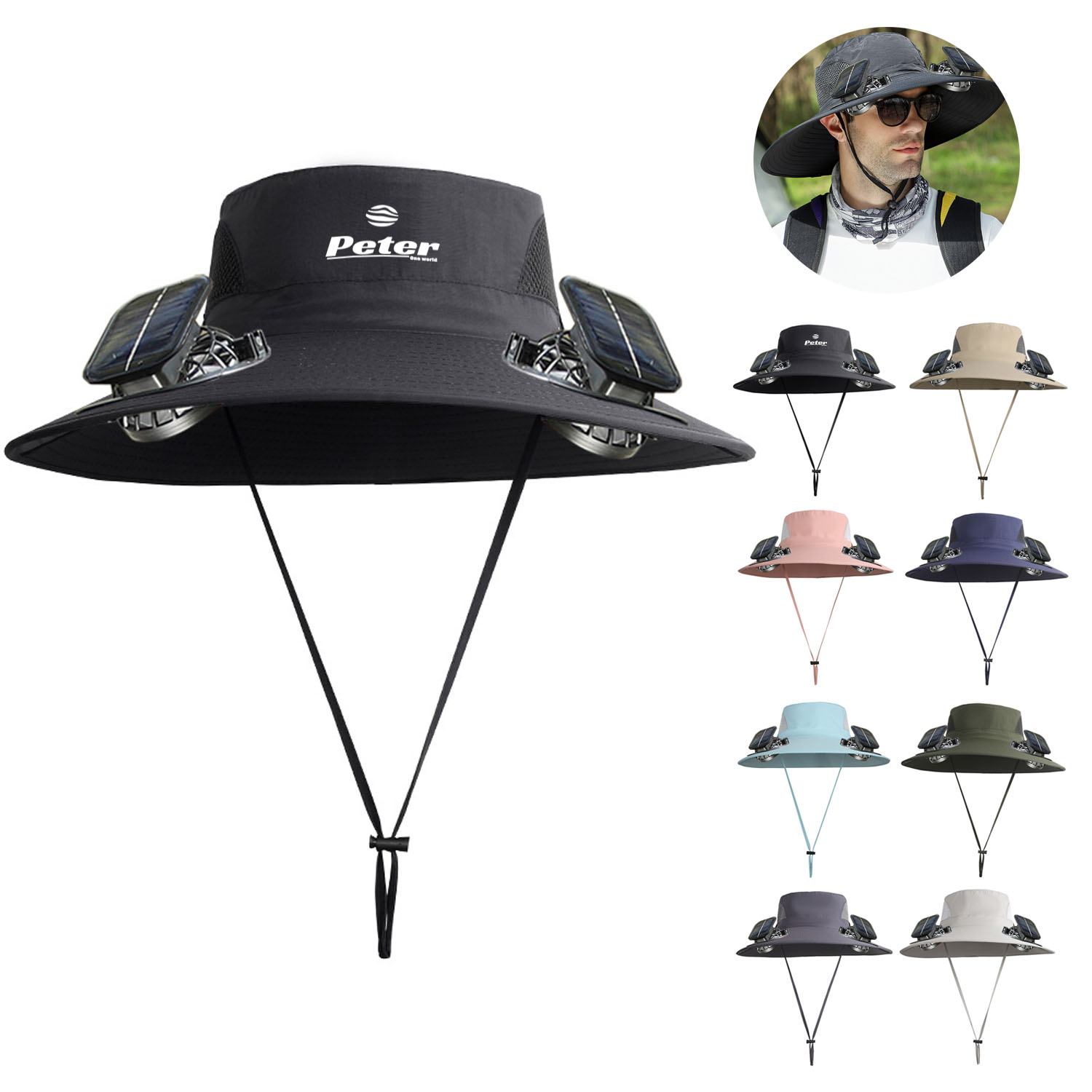 Wide Brim Waterproof Polyester Bucket Hat w/ Fans 1