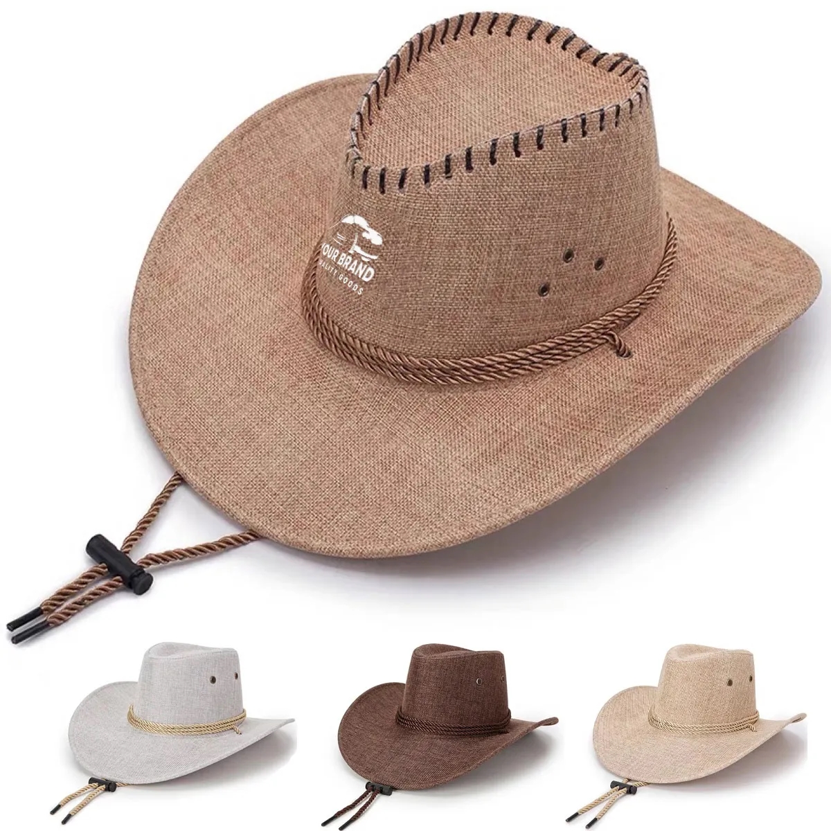 Men's Outdoor Beach Western Cowboy Wide Brim Linen Sun Hat 5