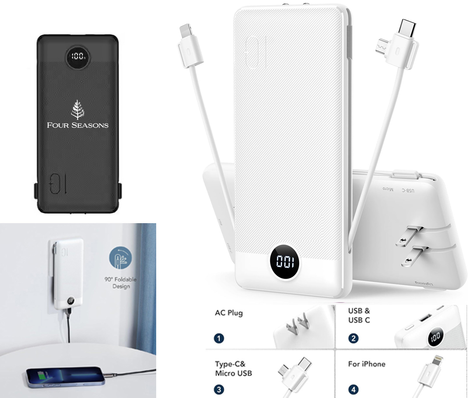 Power Bank with Built-In Cables, Retractable AC Wall Plug, and LED Battery Display, 10000mAh 1