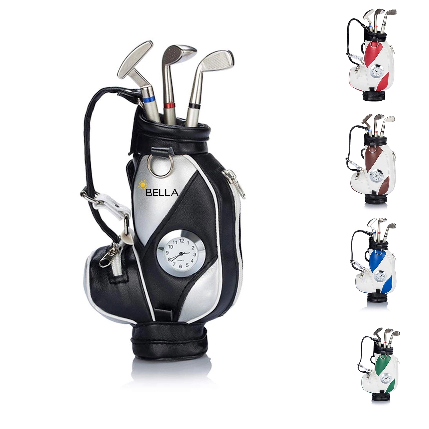 Mini Desktop Golf Bag Pen Holder With Clock 8