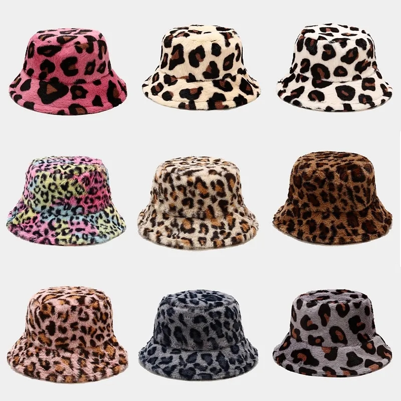 New Plush Leopard Pattern Bucket Hat Winter 1