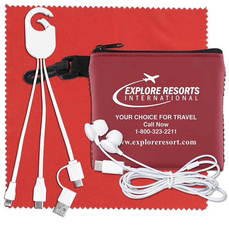 "TechMesh Hang Pro" Mobile Tech Charging Cable Kit in Mesh Zipper Pouch Components inserted into Zip 11