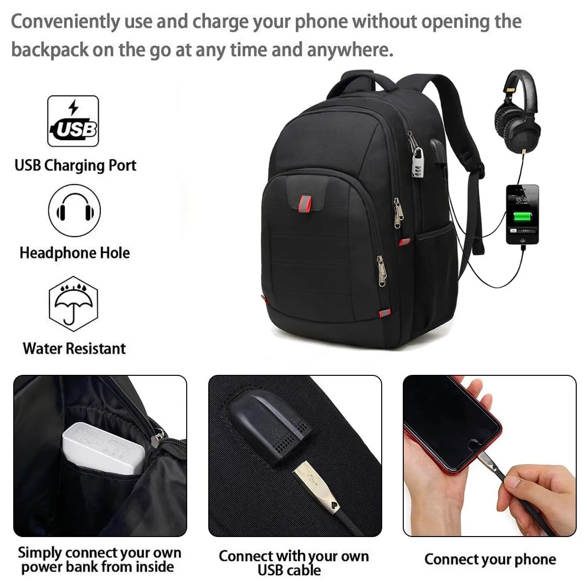 Large Anti Theft Travel Backpack With Headphone USB Port 6