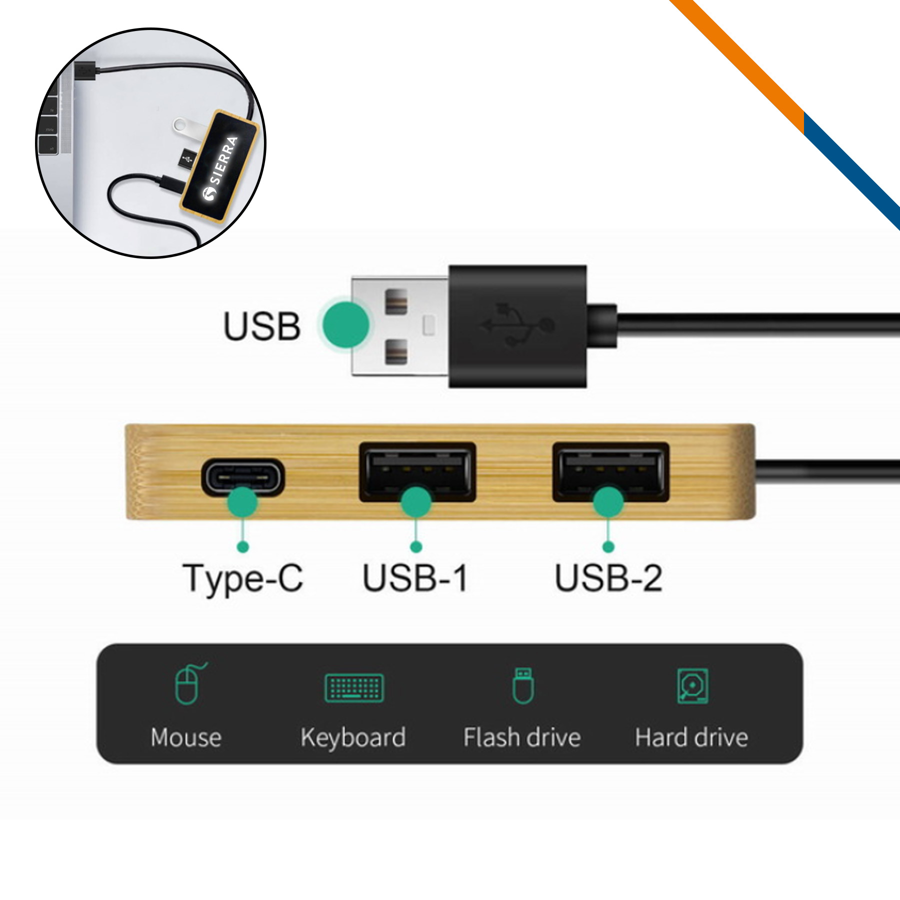 Dovix Light Up Bamboo 3in1 USB Hub 5