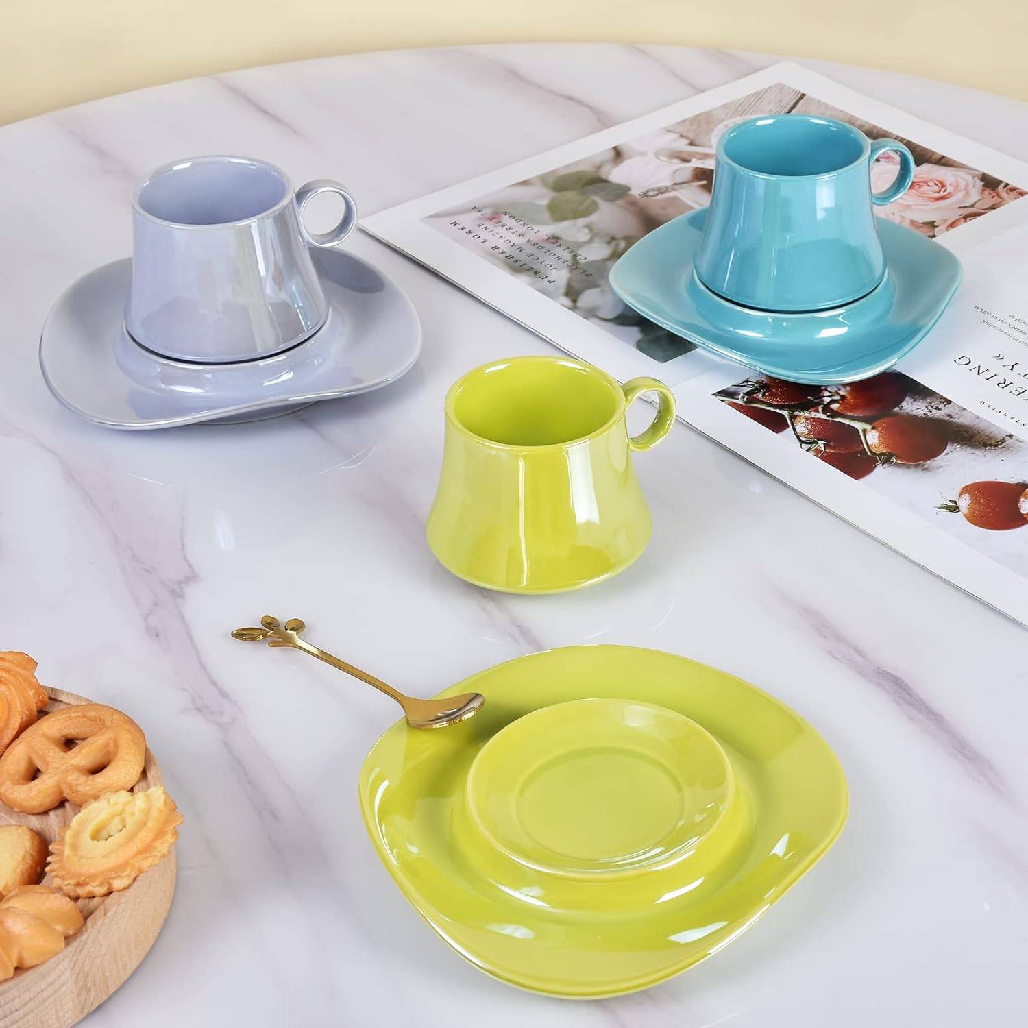 5.5Oz Cute Creative Ceramic Coffee Mug With Saucer Set 4