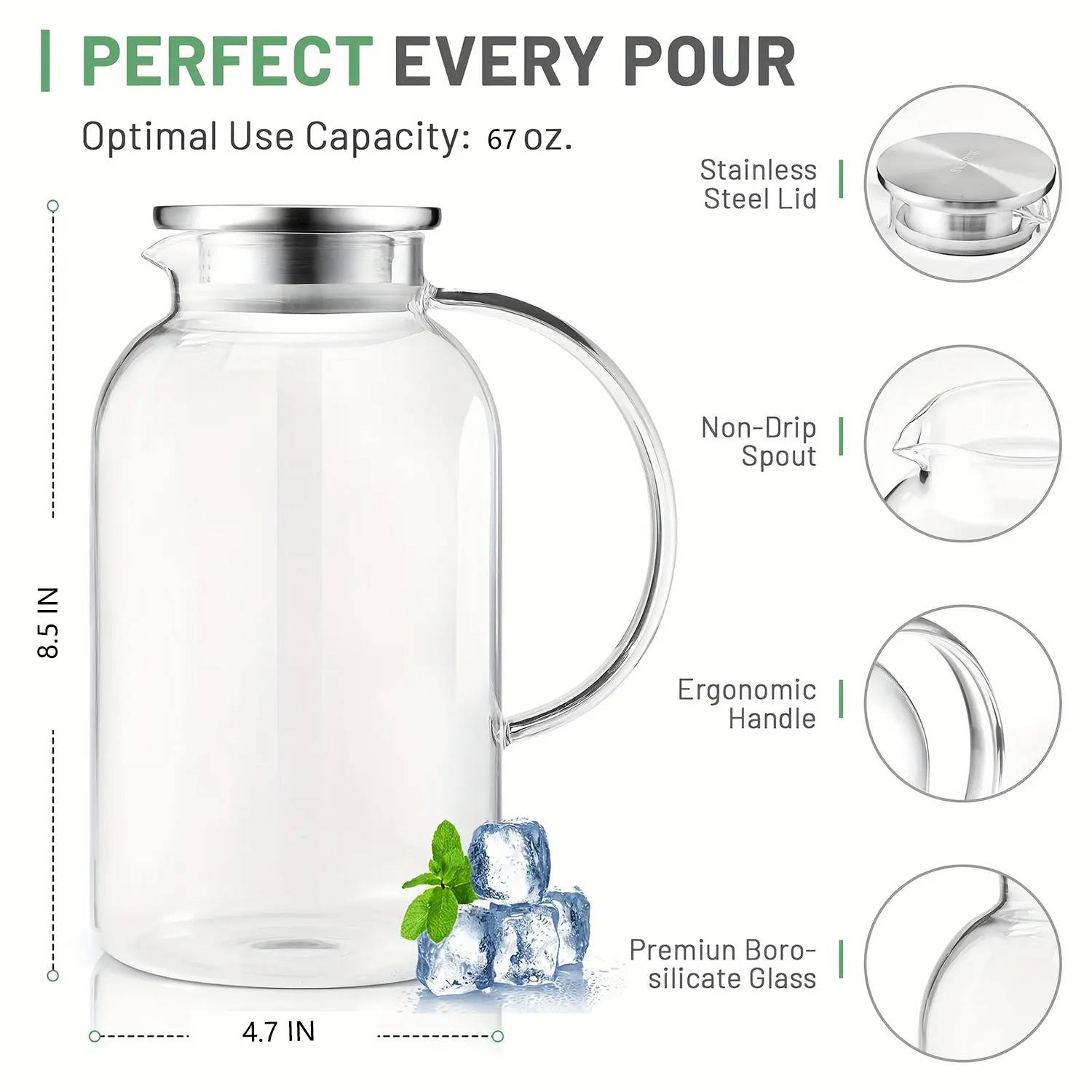 67oz Heat Resistant Glass Pitcher W/ Lid 3