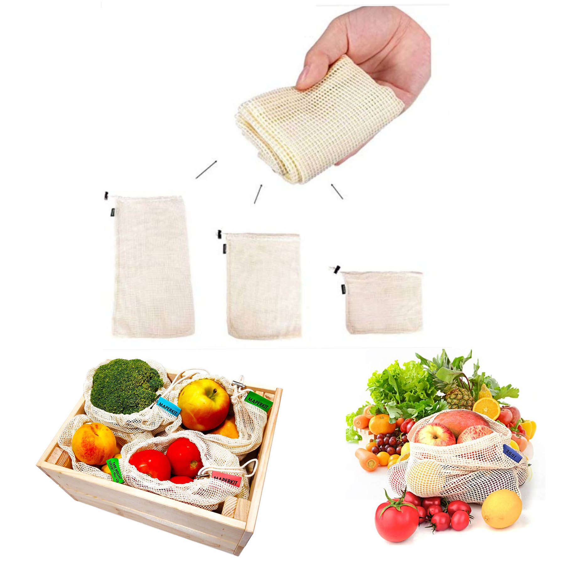 Reusable Cotton Mesh Produce Bags 100% Organic Cotton Durable Double Stitched Washable 2