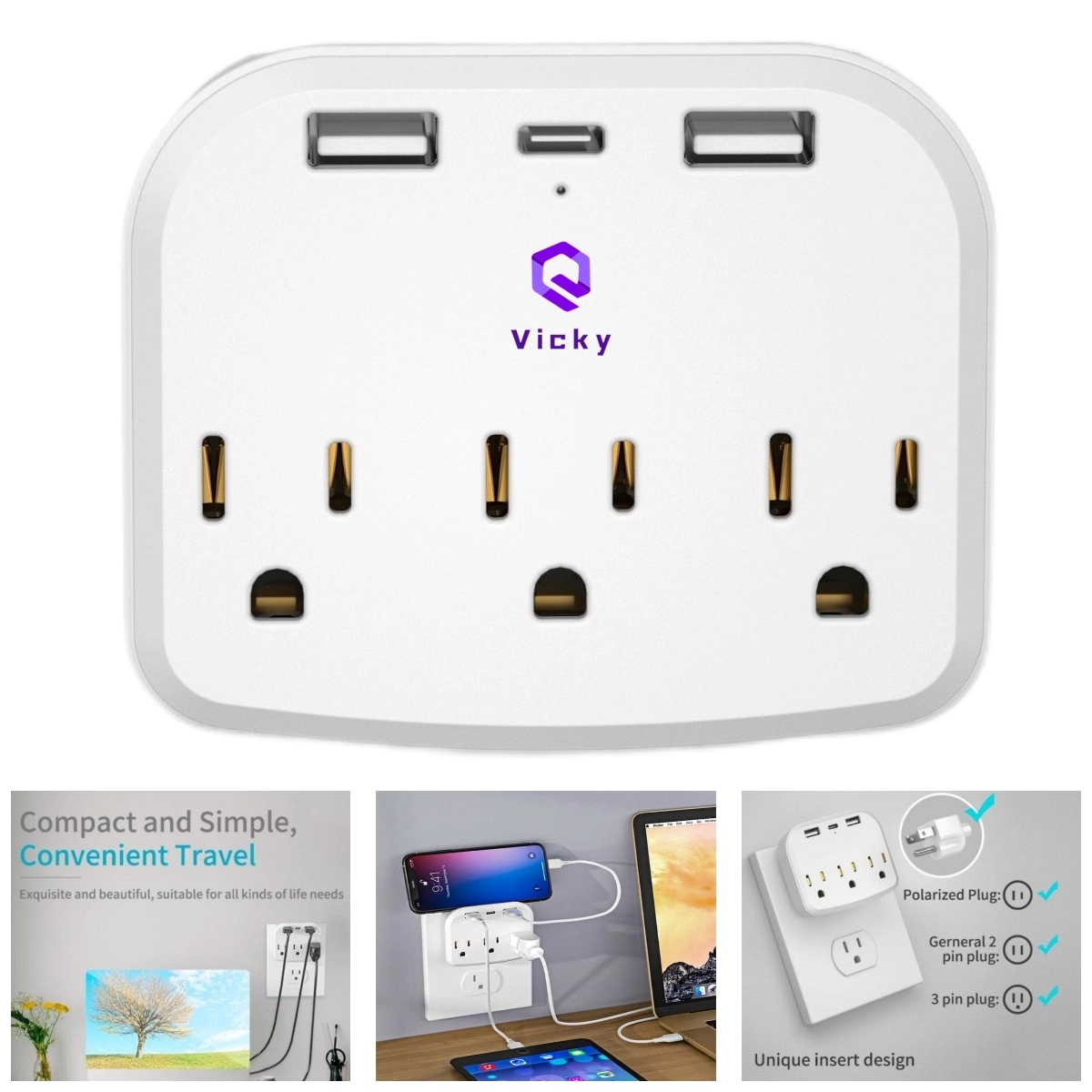 3-Outlet Extender with 3 Usb Power Strip 8