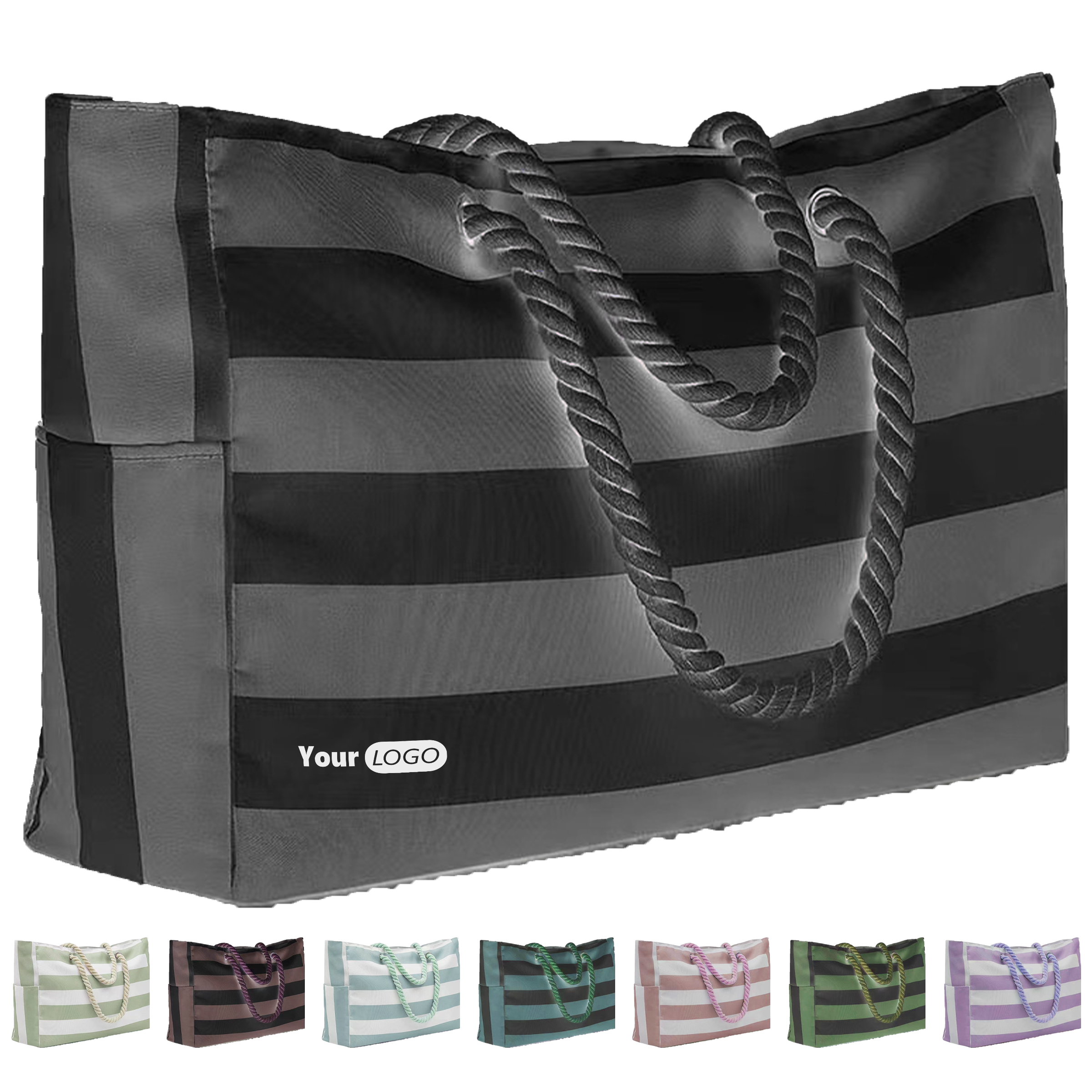 Polyester Striped Canvas Beach Tote, custom tote bag with logo imprint 2