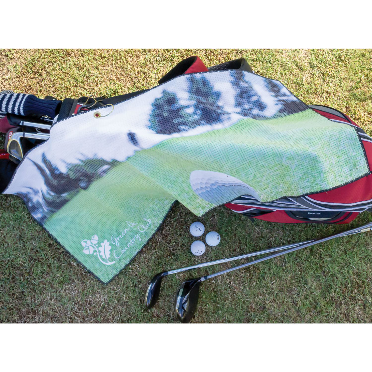 20"x 30" Sublimated Waffle Microfiber Caddy Towel with Grommet & Carabiner 2