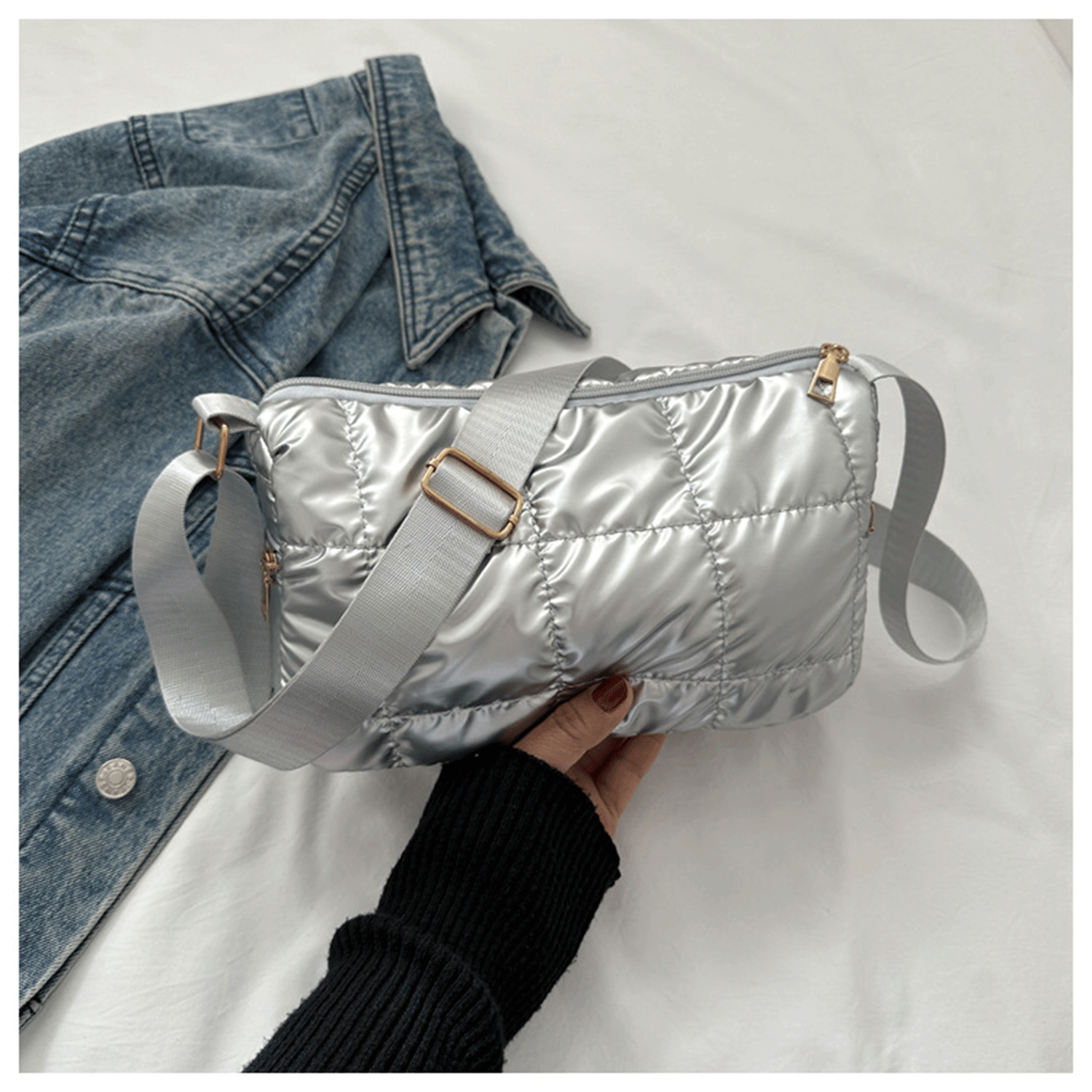 Winter New quilted Grid Small Square Puffer Crossbody Bag 8