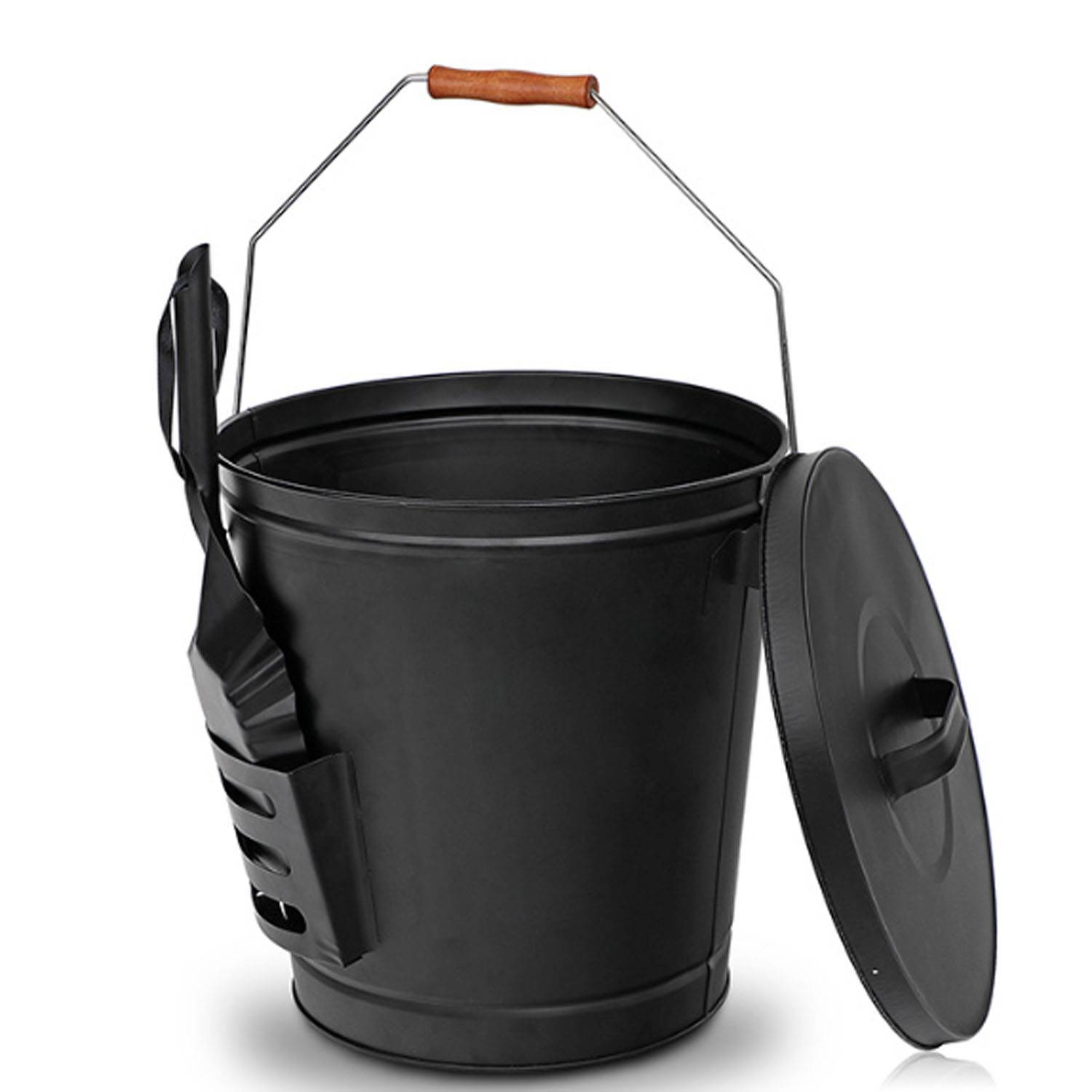 Durable Steel Fireplace Ash Bucket w/ Lid and Shovel 5