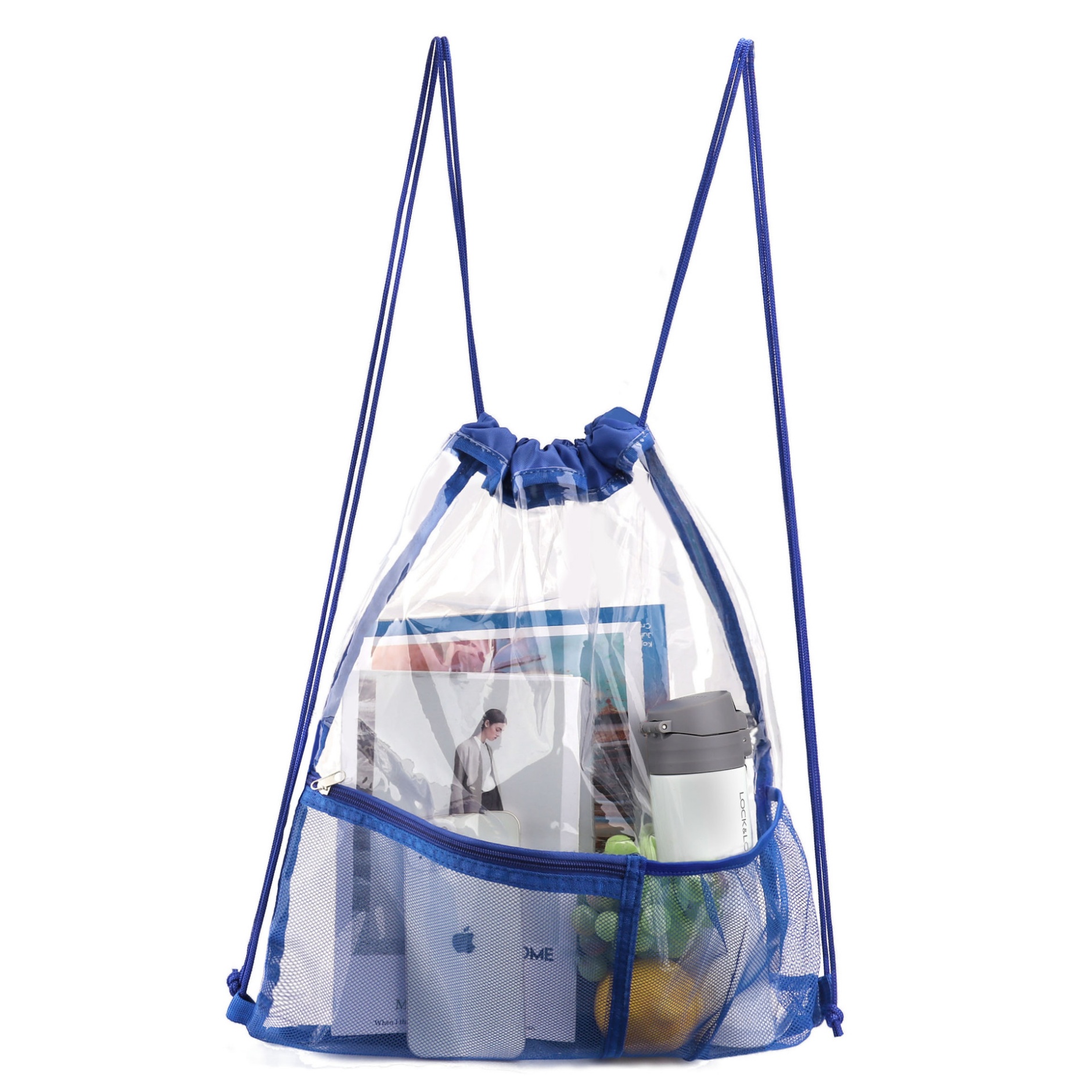 Clear PVC Drawstring Backpack Bag with Front Zipper Mesh Pocket 4