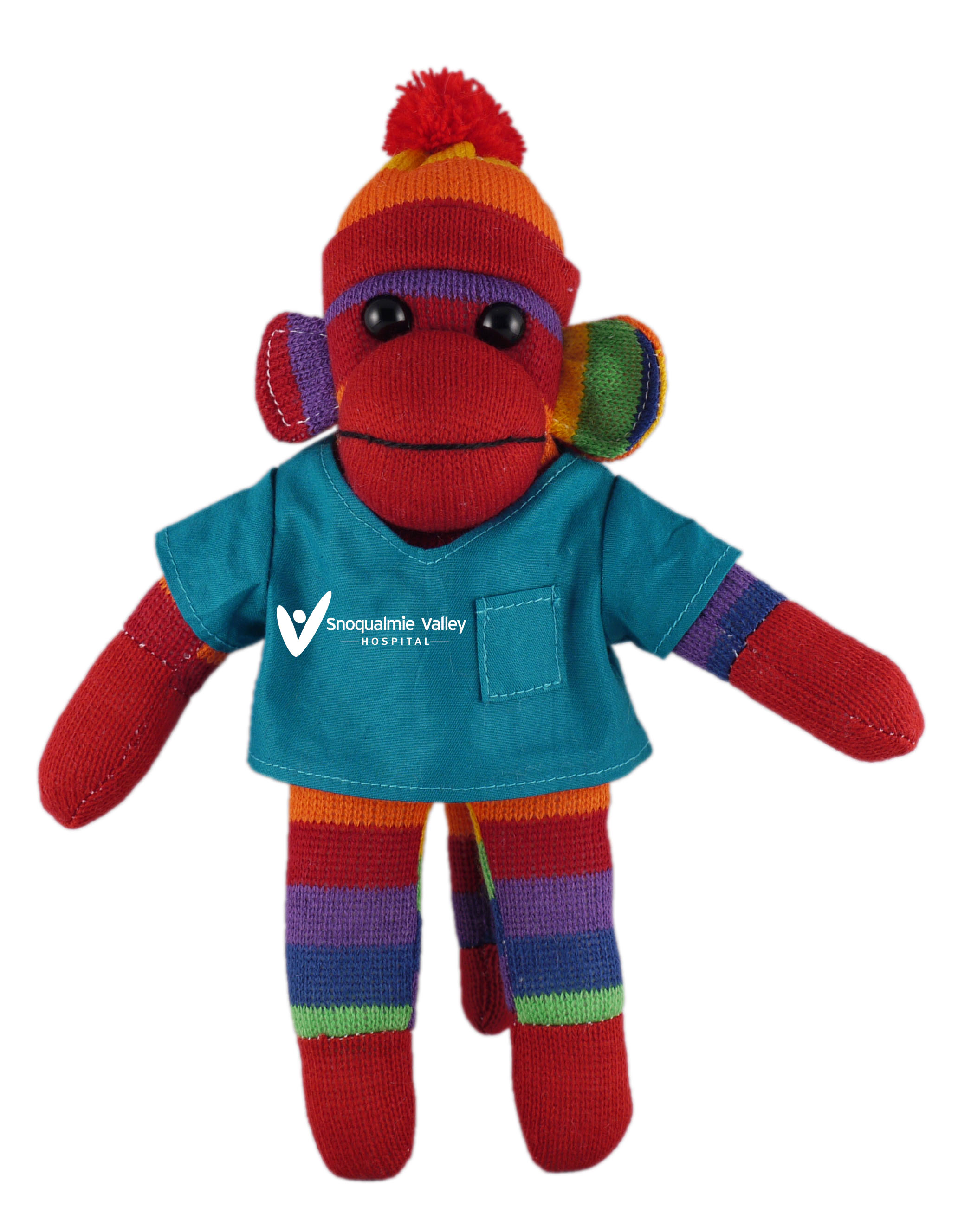 Rainbow Sock Monkey (Plush) in scrub shirt 2
