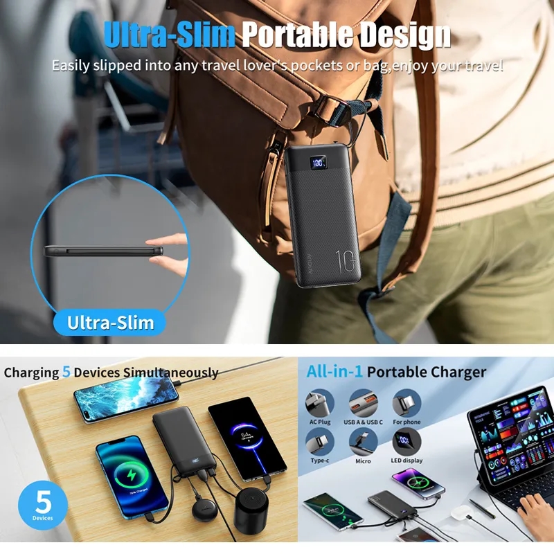 10000mAh Power Bank with Built-in Cables and AC Wall Plug 2