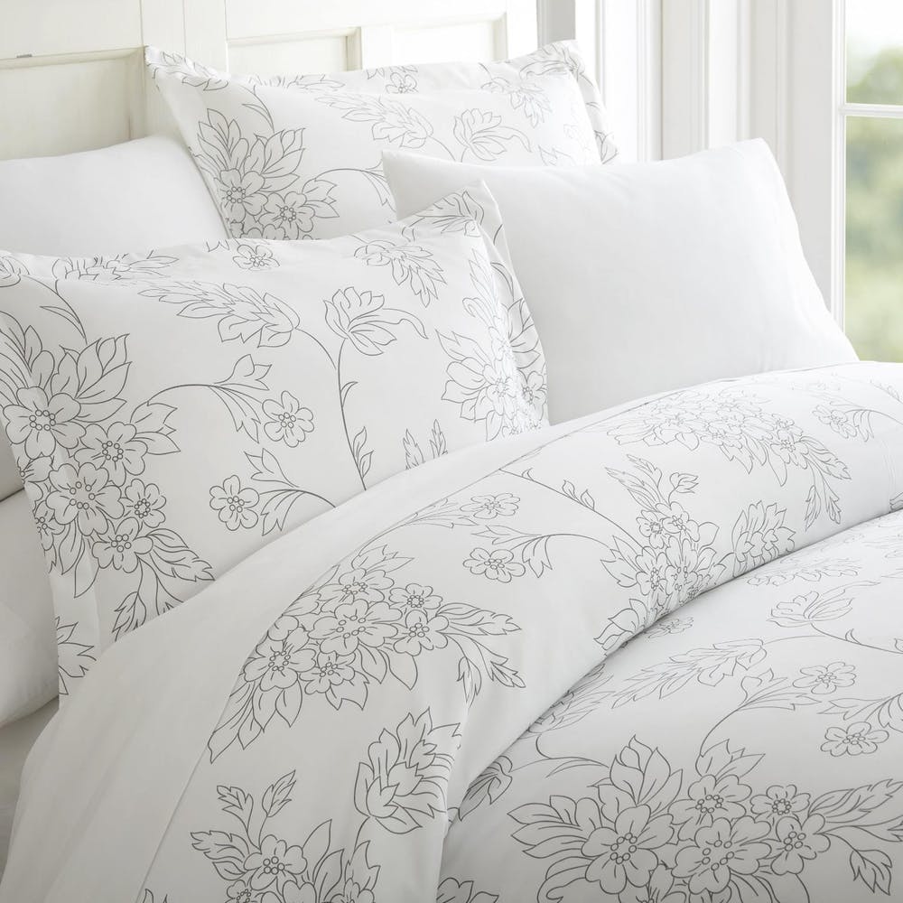 Duvet Cover Sets - Gray Floral Pattern Queen 3 Piece 2