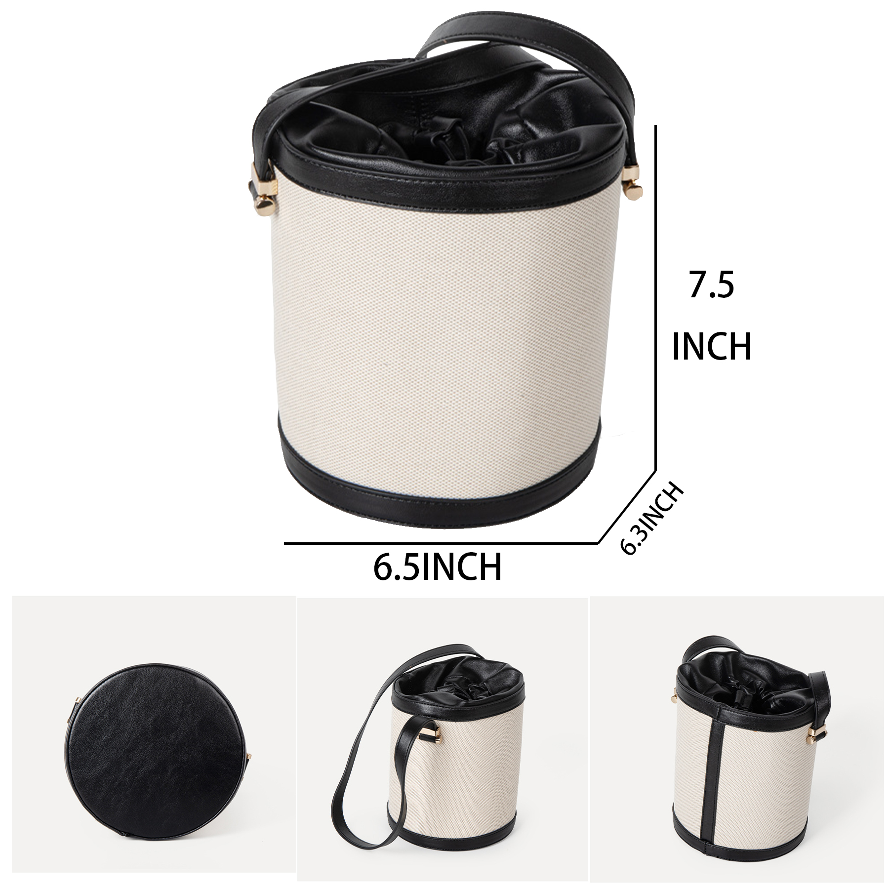 Canvas Contrasting Canvas-Paneled Bucket Shoulder Bag 4