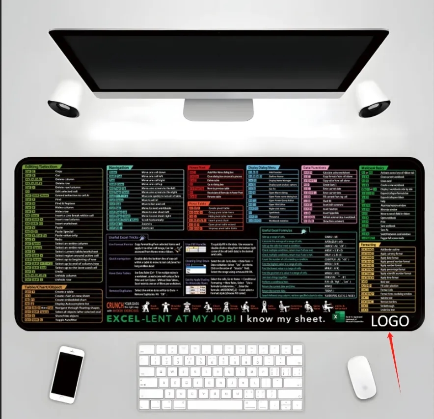 Excel Keyboard Shortcuts Desk Mat Non Fray Fabric for Work and Gaming 1