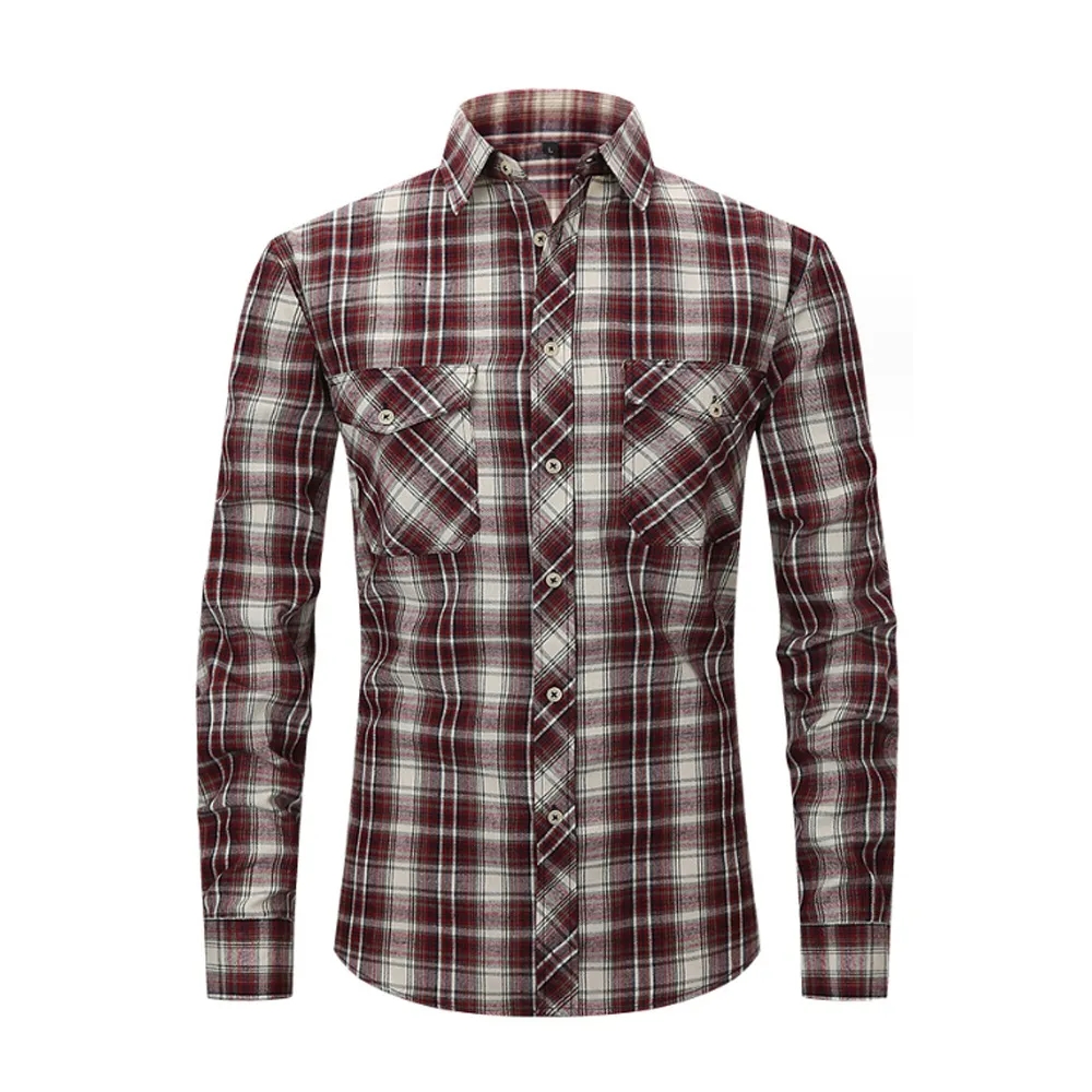 Brushed Plaid Shirt Long Sleeves Double Pockets 19