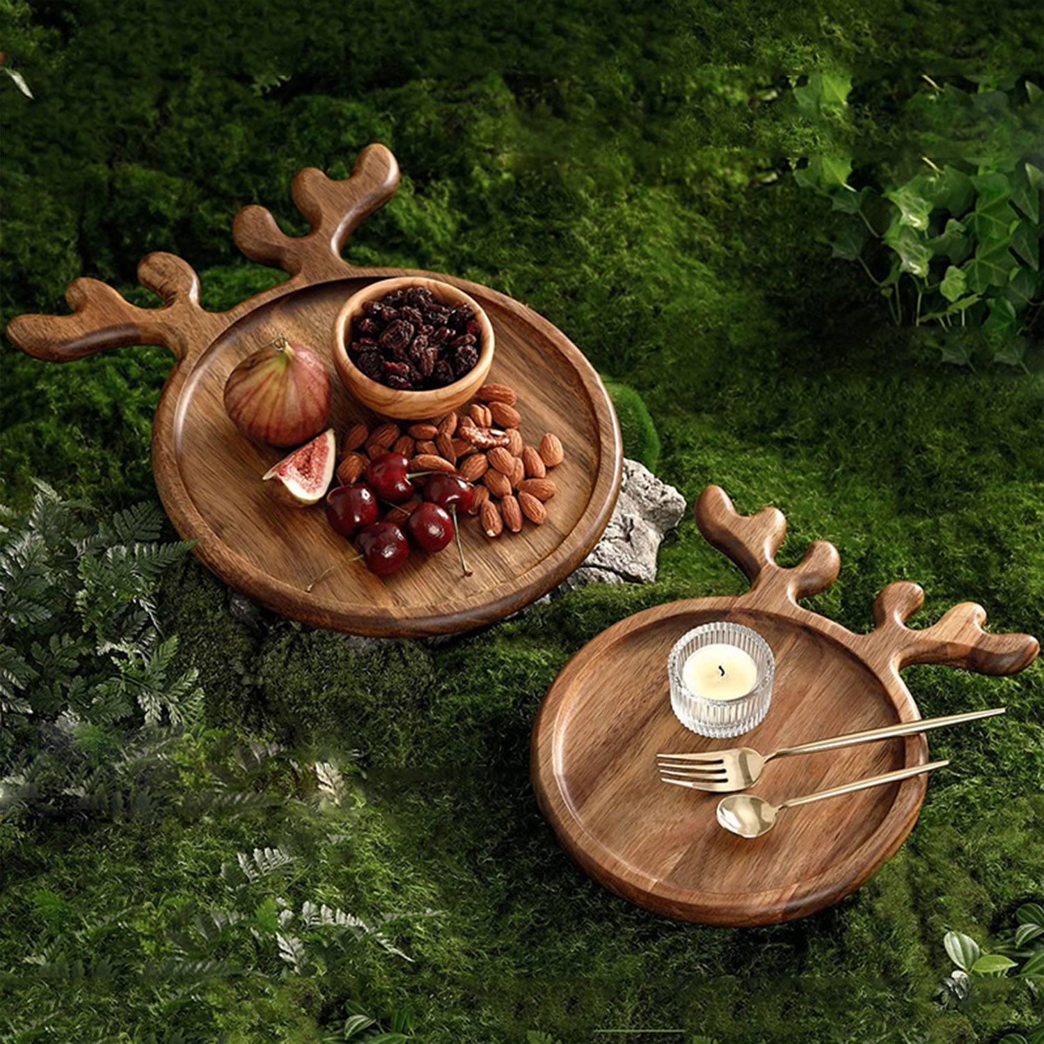 Rustic Wood Serving Platter w/ Antler Handle 8