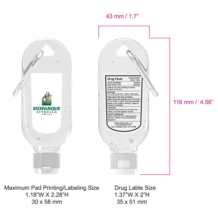 54ml (1.8oz) Antibacterial Hand Sanitizer Gel with Color-Matched Carabiner & Custom Label 13
